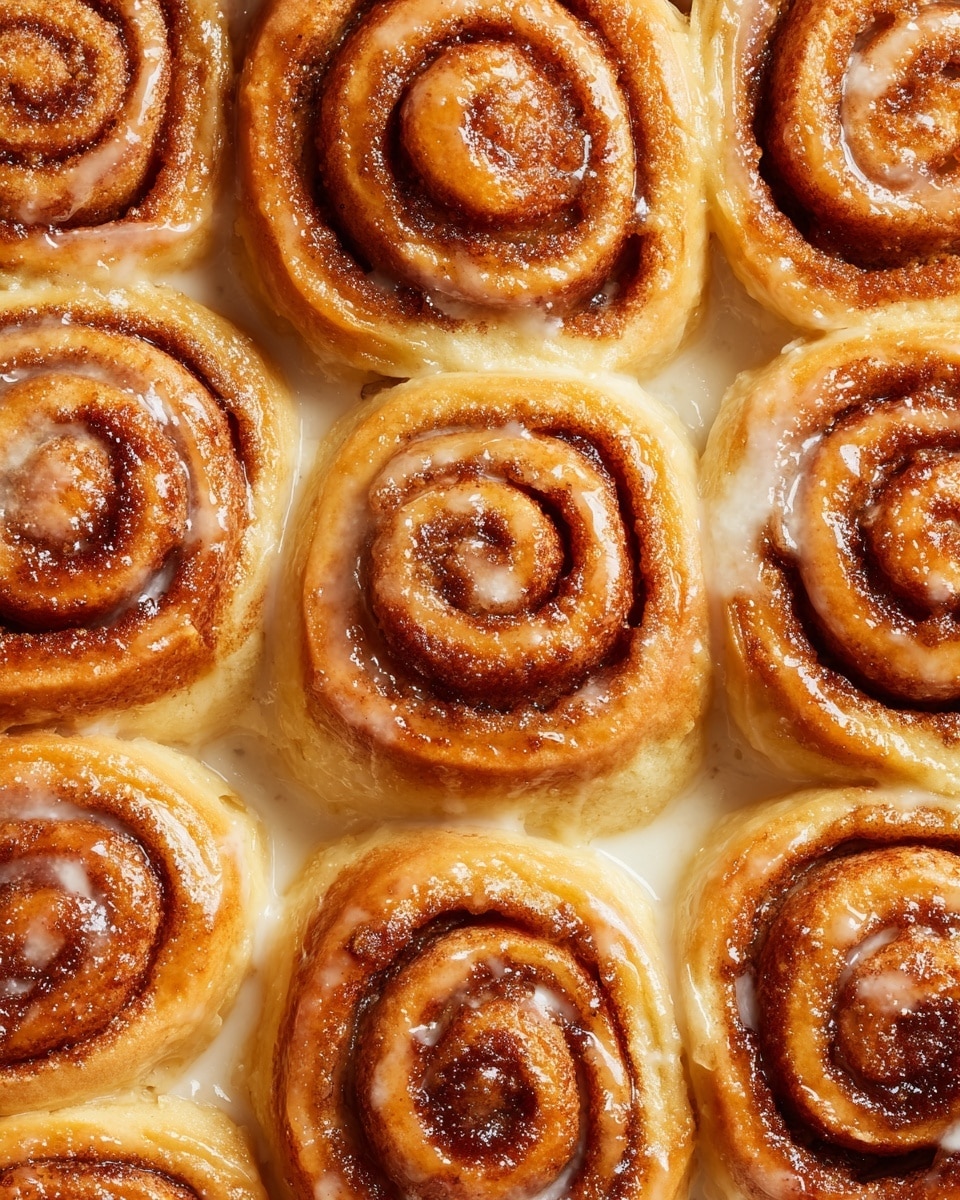 The image shows a close-up view of a tray with about twelve cinnamon rolls tightly placed next to each other. Each roll has a golden brown top with darker brown cinnamon swirls spiraled from the center to the edges. They appear soft with a slightly shiny, sugary glaze that is bubbling and pooling around the edges, giving the rolls a moist and sticky look. The rolls are sitting in a creamy, light yellow sauce that covers the bottom of the white marbled tray. The sunlight highlights the warm tones and textures of the rolls, showing their fluffy dough and rich filling clearly. Photo taken with an iphone --ar 4:5 --v 7