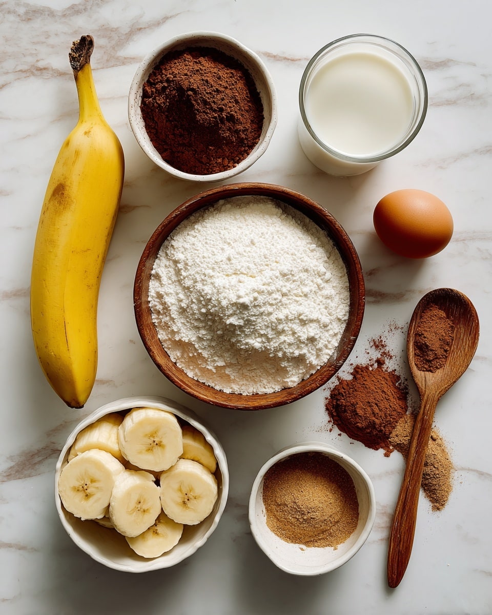 The image shows a simple arrangement of baking ingredients on a white marbled surface. There is a whole peeled yellow banana on the left with a small round slice of banana right next to it. In the center bottom, white bowl holds several thick banana slices. Above that, a brown wooden bowl is filled with white flour, and next to it on the right is a wooden spoon. To the top right, a clear glass holds white milk. On the top left, a white bowl contains dark brown cocoa powder, and below that, another white bowl has light brown cinnamon powder. In the middle of all the ingredients is a single brown egg. Photo taken with an iphone --ar 4:5 --v 7