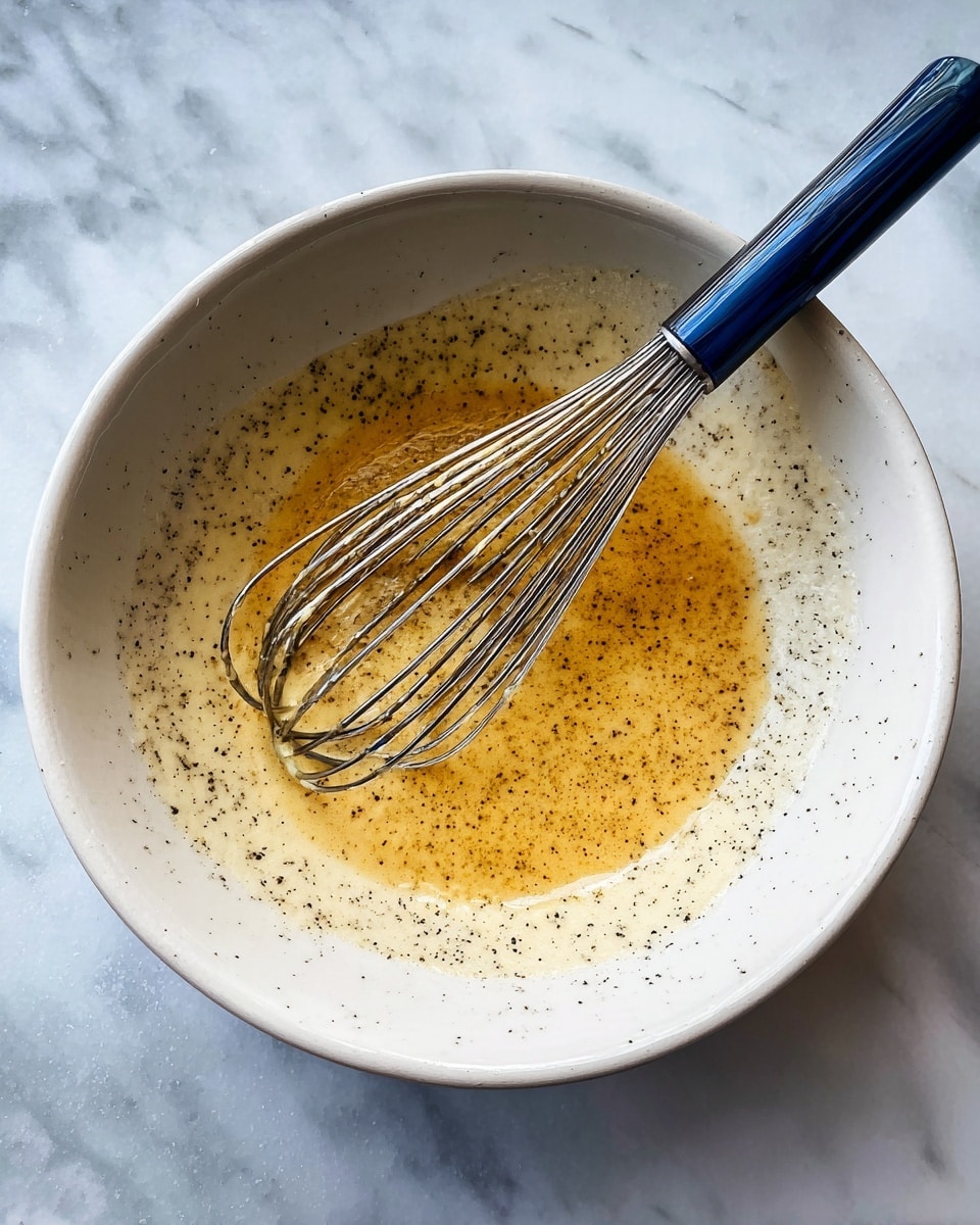A large white bowl with tiny black specks inside holds a small amount of a light yellow and brown sauce with an oily texture, partly mixed. A metal whisk with a blue and black handle rests in the bowl, slightly covered with the sauce. The bowl sits on a white marbled surface, creating a clean and simple kitchen scene. photo taken with an iphone --ar 4:5 --v 7