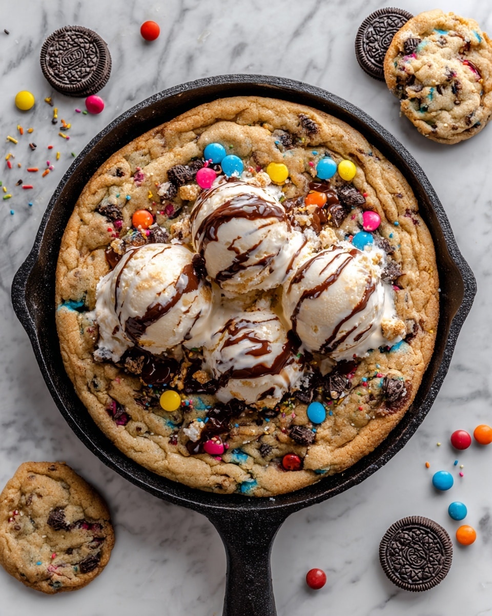A large round cookie with a golden brown texture fills a black skillet. The cookie is mixed with small colorful candy-coated chocolates and pieces of chocolate sandwich cookies embedded throughout. On top of the cookie, there are three big scoops of white vanilla ice cream drizzled with dark chocolate syrup. More candy-coated chocolates are scattered on the ice cream and cookie. The skillet is set on a dark wooden surface, and around the dish, there are a few candy chocolates and sandwich cookies placed randomly. photo taken with an iphone --ar 4:5 --v 7