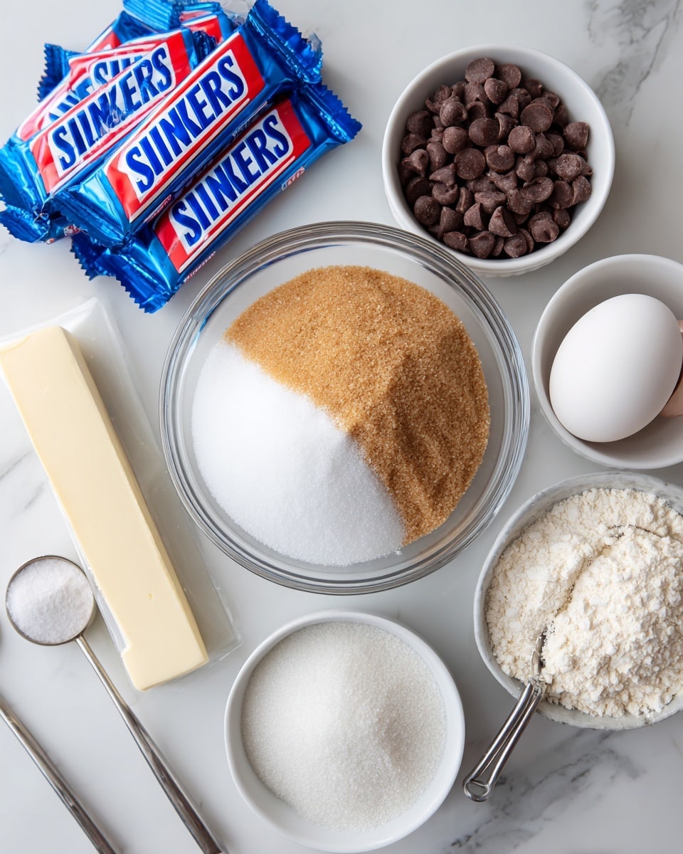 A clear glass bowl sits on a white marbled surface, holding three ingredients arranged separately inside: a thick stick of pale cream butter on the left, a pile of light brown sugar in the center, and a mound of white granulated sugar on the right. Around the bowl are several small white bowls and measuring spoons. At the top left are three Snickers bars with shiny blue and red wrappers stacked on each other. To the top right is a white bowl filled with dark brown chocolate chips, next to a single white egg and another white bowl filled with white flour. A stainless steel measuring spoon is placed near the edges. The entire setup is bright and clean. Photo taken with an iphone --ar 4:5 --v 7