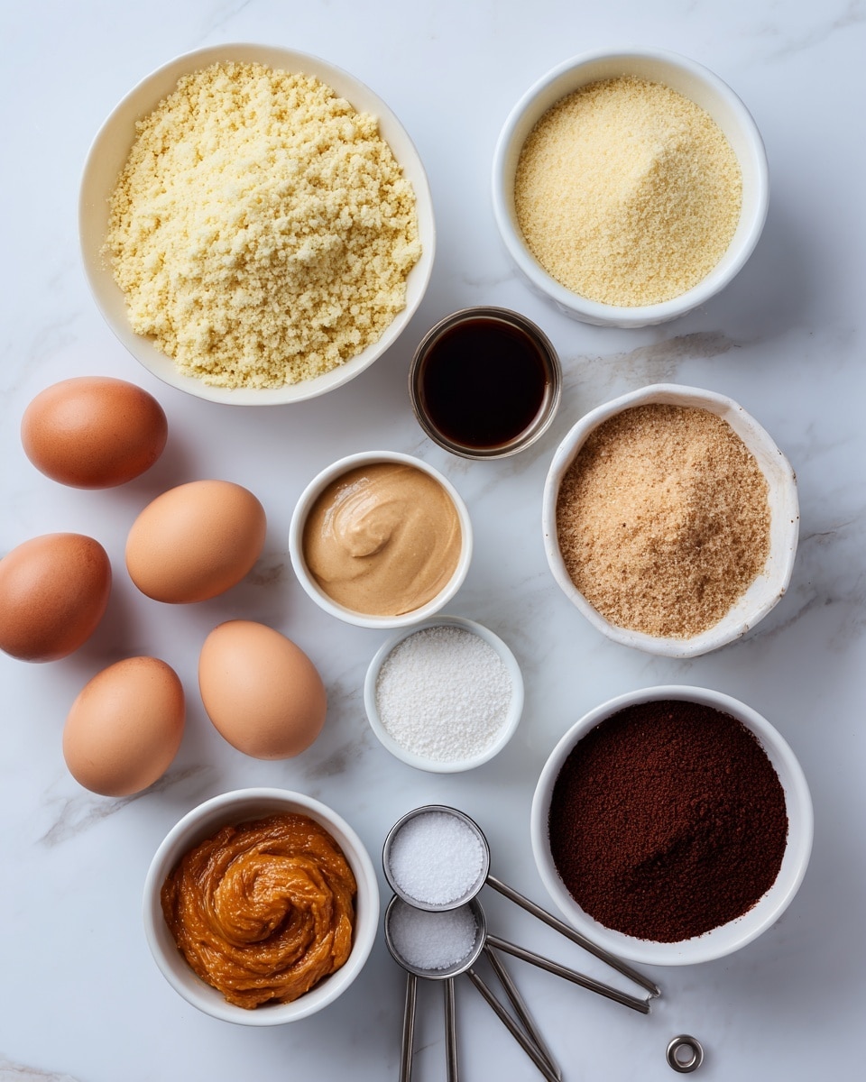 The image shows nine items arranged on a white marbled surface. The upper right has a white bowl filled with a light yellow crumbly powder. Below it and slightly to the right is a small white bowl with a smooth light brown creamy substance. Near the center, there is a white bowl divided into four sections with different powders: white, light beige, dark brown, and a medium brown spice. To the right of this bowl is another white bowl filled with granulated brown sugar. At the bottom center is a white bowl with thick orange paste. On the left side, three brown eggs are placed in a cluster, with two small metal measuring spoons below them, one filled with a dark liquid. Lastly, a small white bowl with a white powder is positioned near the center. The photo taken with an iphone --ar 4:5 --v 7
