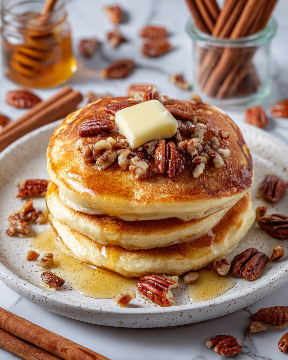 A stack of three golden brown pancakes sits in the center of a white speckled plate on a white marbled surface. The top pancake is covered with a small square of melting butter, surrounded by scattered whole pecans. A light drizzle of syrup glistens over the pancakes and pools slightly on the plate, with extra pecans and syrup drops scattered randomly around. In the top left corner, three cinnamon sticks lie on the surface, and a glass filled with cinnamon sticks is visible in the top right corner. The colors show warm browns and amber tones contrasting with the neutral background. Photo taken with an iphone --ar 4:5 --v 7