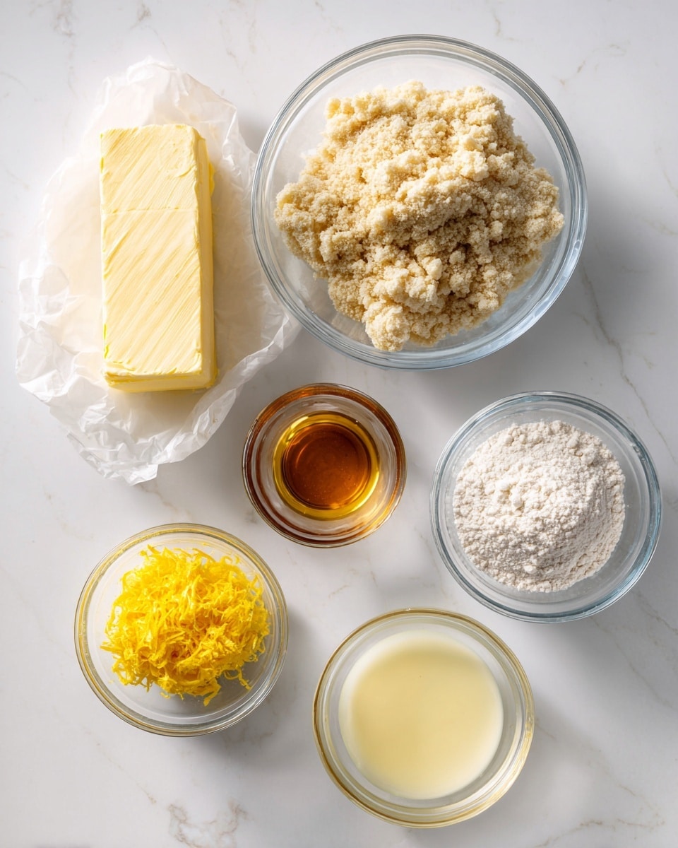 The image shows six separate ingredients arranged on a white marbled surface: at the top left, a stick of light yellow butter partially wrapped in paper; next to it, on the right, a clear bowl filled with coarse light tan crumbs; below and slightly to the right, a smaller clear bowl with white powdery flour; further right, a small clear bowl with amber liquid; below the flour, a small bowl containing bright yellow lemon zest; and to the right of that, a small bowl with pale yellow liquid. All bowls are clear glass photo taken with an iphone --ar 4:5 --v 7