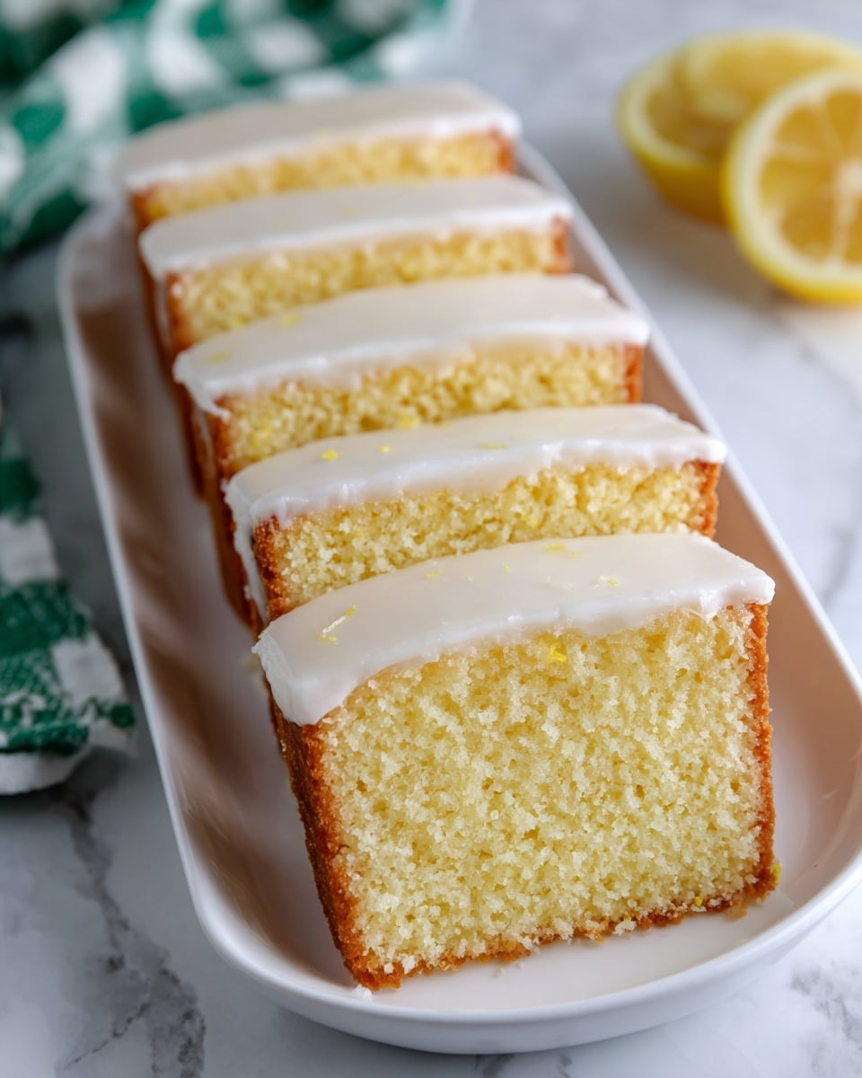 Six slices of yellow lemon cake with a light texture are lined up on a long white plate. Each slice has one thick layer and is topped with a thin, smooth white icing that slightly drips down the sides. In the background, a half lemon is partly visible on a white marbled surface. The image shows the cake from a close angle focused on the front slices, emphasizing the soft texture and icing on top. Photo taken with an iphone --ar 4:5 --v 7