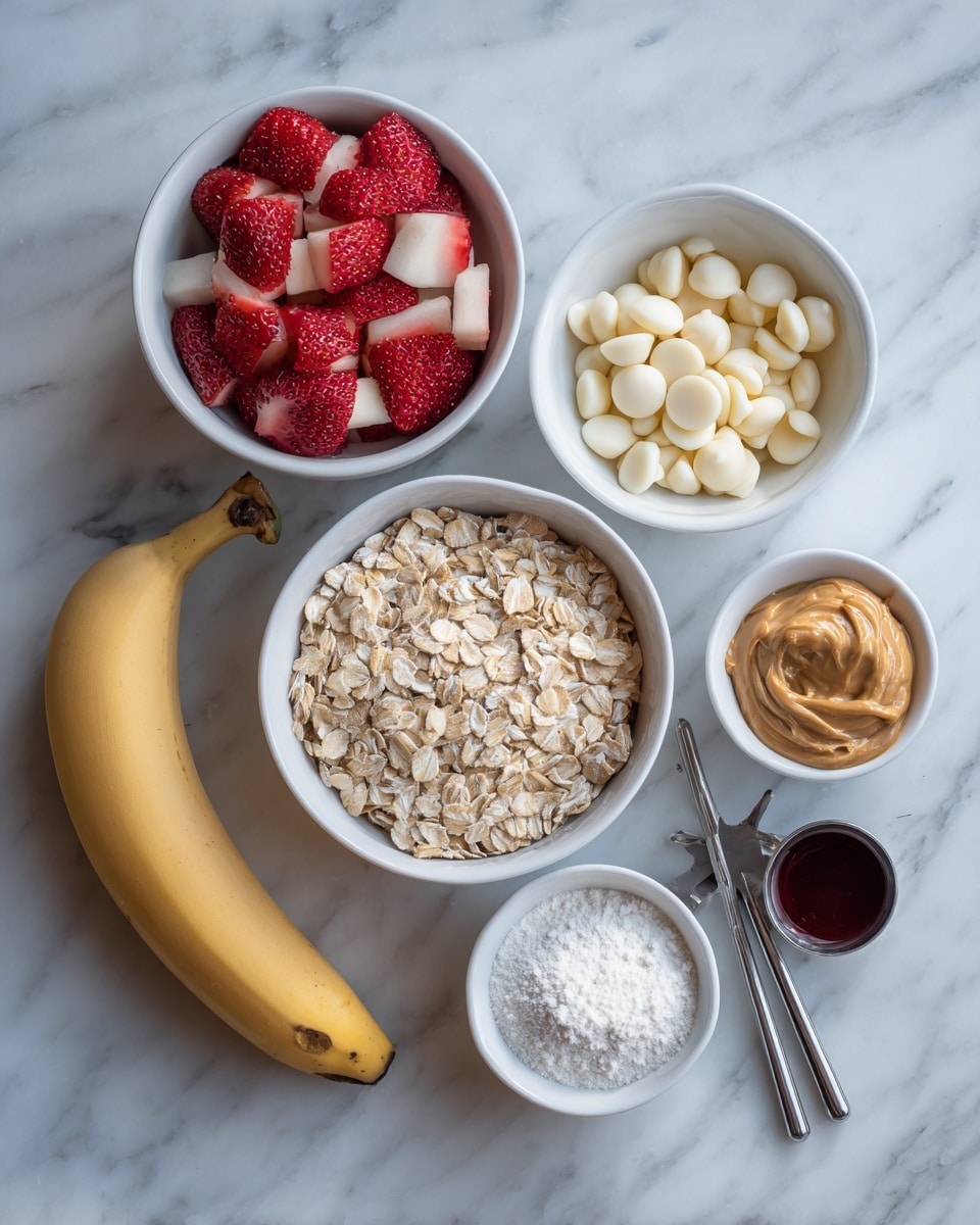 The image shows a white marbled surface with several ingredients arranged neatly. In the middle, there is a white bowl filled with dry oats, light beige and slightly rough in texture. To the left, there is another white bowl with small diced red and white strawberries. Above the oats bowl, a smaller white bowl contains creamy white chocolate chips, smooth and round. Below, there is a small white bowl filled with creamy light brown peanut butter, textured with a slight swirl on the top. To the right of the bowls lies a whole yellow banana that has a smooth peel with a small dark spot at the tip. Next to the bowls on the left side, two metal measuring spoons rest on the surface, one containing dark red liquid and the other white powder. photo taken with an iphone --ar 4:5 --v 7