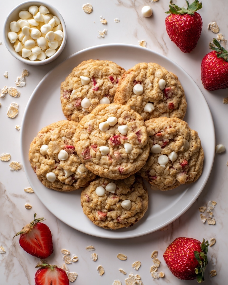 A white plate sits on a white marbled surface holding six round cookies arranged in a circle with one cookie in the middle. Each cookie is light brown and chunky with visible oats, dotted with small white chocolate chips and pieces of red strawberry embedded throughout. Around the plate, fresh strawberry halves and whole strawberries with green tops are scattered. Nearby, a small white bowl filled with white chocolate chips is partially visible. The overall scene is bright with a focus on the textures and colors of the cookies against the clean white background. photo taken with an iphone --ar 4:5 --v 7