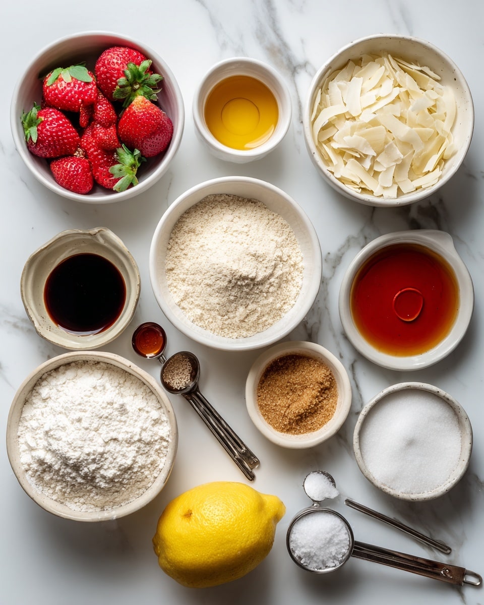 The image shows a flat lay of various baking ingredients arranged on a white marbled surface. There are nine white bowls, each holding different items: bright red strawberries with green leaves in one bowl, finely sliced almonds in another, shredded white coconut, a large bowl of light beige almond flour, a small bowl with light brown coconut sugar, a bowl with a thick amber-colored maple syrup, and a bowl with pure white arrowroot flour or starch. In addition to the bowls, there is a bright yellow lemon placed near the center, a small ceramic dish with baking powder, and two metal measuring spoons containing salt and dark vanilla extract. A small white bowl holds coconut oil, completing the spread. All items are neatly spaced and clearly visible. Photo taken with an iphone --ar 4:5 --v 7