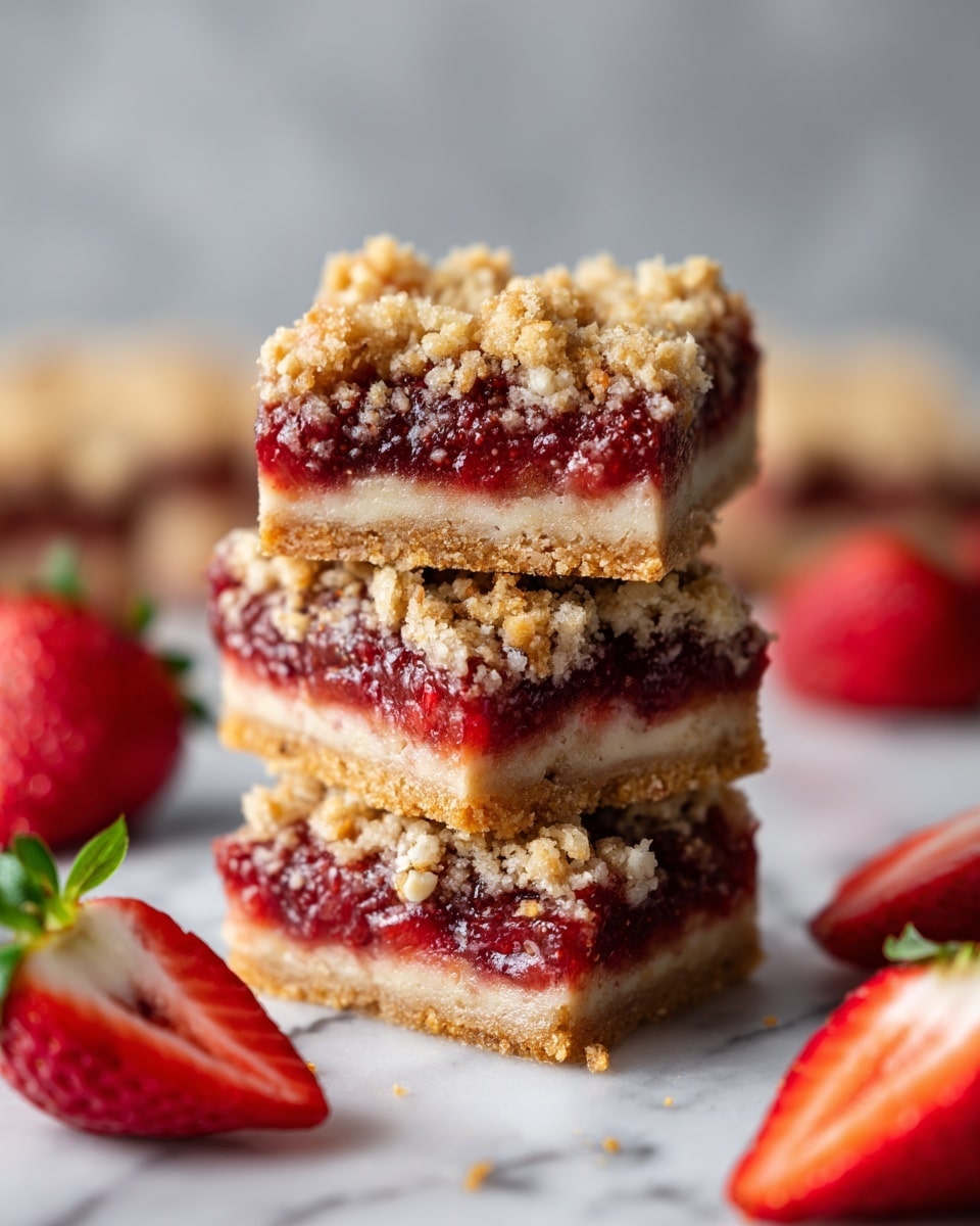 The image shows a stack of four square-shaped bars with three clear layers. The bottom layer is a light brown crumbly crust. The middle layer is bright red with chunks of strawberries that look juicy and fresh. The top layer is a golden crumb topping that looks crunchy and uneven. Around the stacked bars, there are whole and sliced strawberries, all placed on a white marbled surface. The background is soft and neutral, helping the vibrant red of the strawberries stand out. photo taken with an iphone --ar 4:5 --v 7