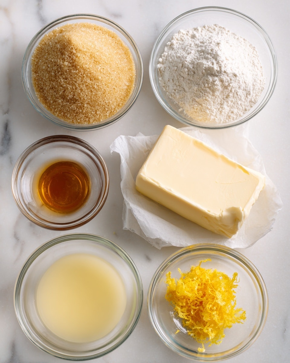 The image shows six small clear glass bowls and one block of butter on a white marbled surface. The top left bowl is filled with light brown sugar, having a rough and grainy texture. Below the sugar, a block of butter partially wrapped in white parchment paper shows a smooth, pale yellow color. To the right of the butter, a bowl holds fine white flour with a powdery texture. Above the flour, a small bowl contains golden brown liquid vanilla extract. Below the flour, there is a bowl with pale yellow lemon juice that looks smooth and wet. Next to the lemon juice, a small bowl contains bright yellow lemon zest, looking finely grated and slightly rough. photo taken with an iphone --ar 4:5 --v 7