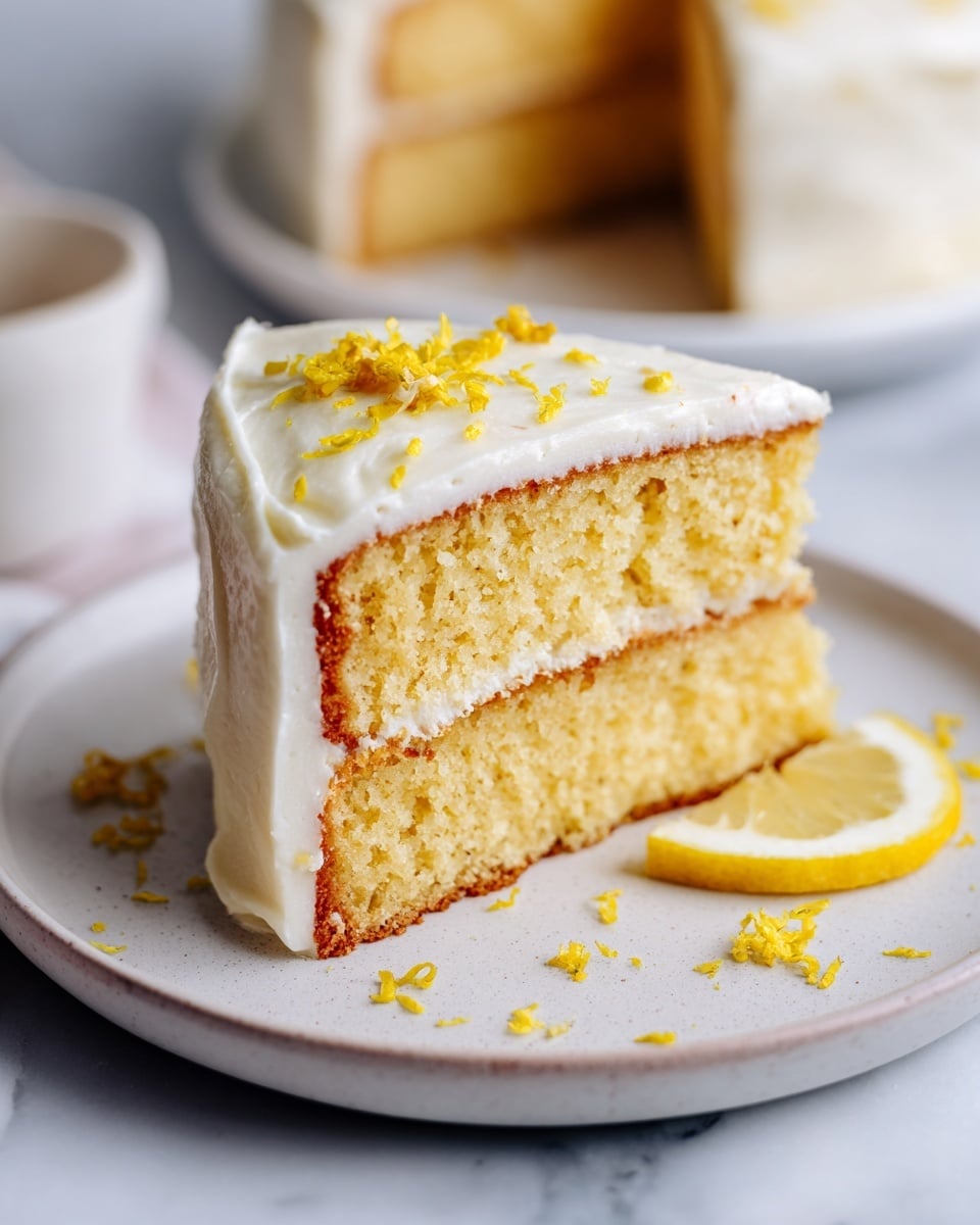 A slice of two-layer cake on a white plate, with each cake layer showing a light golden color and a soft, crumbly texture. There is a thin white cream frosting layer between the cake layers, and the entire cake slice is covered with a thick white frosting on top and sides. Small yellow lemon zest pieces are sprinkled gently on the top frosting, adding a pop of color. In the background, a blurred white cake stand with the rest of the cake is seen, all placed on a white marbled surface. Photo taken with an iphone --ar 4:5 --v 7
