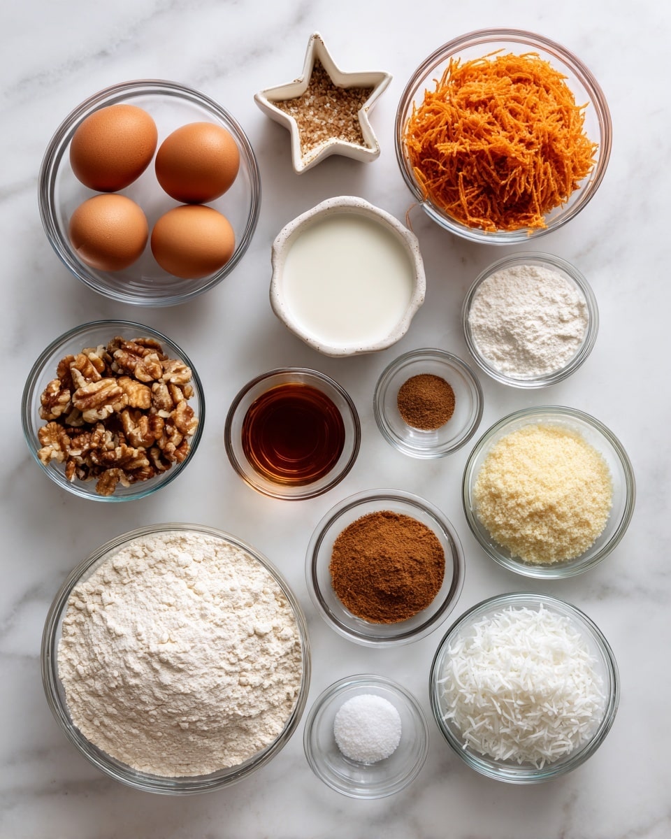 The image shows a top view of many clear glass bowls filled with various ingredients placed on a white marbled surface. From top to bottom, there is a large bowl with four brown eggs, a small star-shaped white bowl with chopped nuts, a medium round bowl with shredded orange carrots, a small bowl with a small amount of white milk, a medium bowl with light brown sugar, a tiny bowl with vanilla extract, a small bowl with brown and light brown spices, a large bowl with a pale yellow crumbly ingredient, a medium bowl with white flour, a tiny bowl with white baking powder, a small bowl with shredded white coconut, and a tiny bowl with white salt. Photo taken with an iphone --ar 4:5 --v 7
