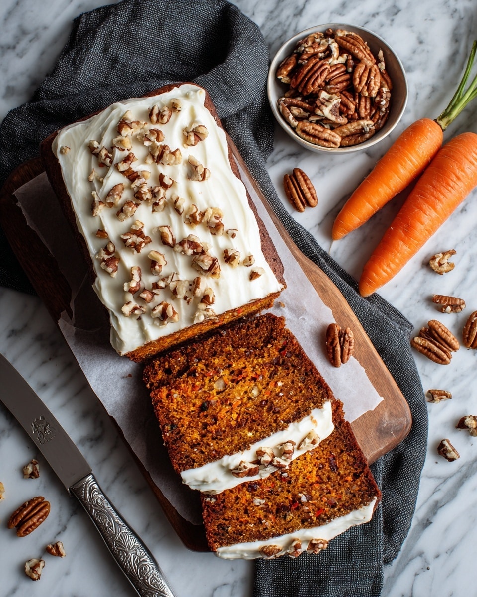 A rectangular carrot cake with two visible layers sits on a wooden board covered with parchment paper. The top layer is a smooth, creamy white frosting decorated with a row of chopped pecans down the center and sprinkled with a light dusting of cinnamon. The cake layers are brown with a moist, slightly crumbly texture, showing bits of carrot and nuts inside. Two thick slices have been cut from the cake and lie in front of it, exposing the creamy frosting between the layers. To the right of the cake is a silver knife with a white handle. Around the board, a few raw orange carrots rest on a dark purple cloth, and a small bowl filled with whole pecans stands behind the cake. Everything is set on a white marbled texture surface. Photo taken with an iphone --ar 4:5 --v 7