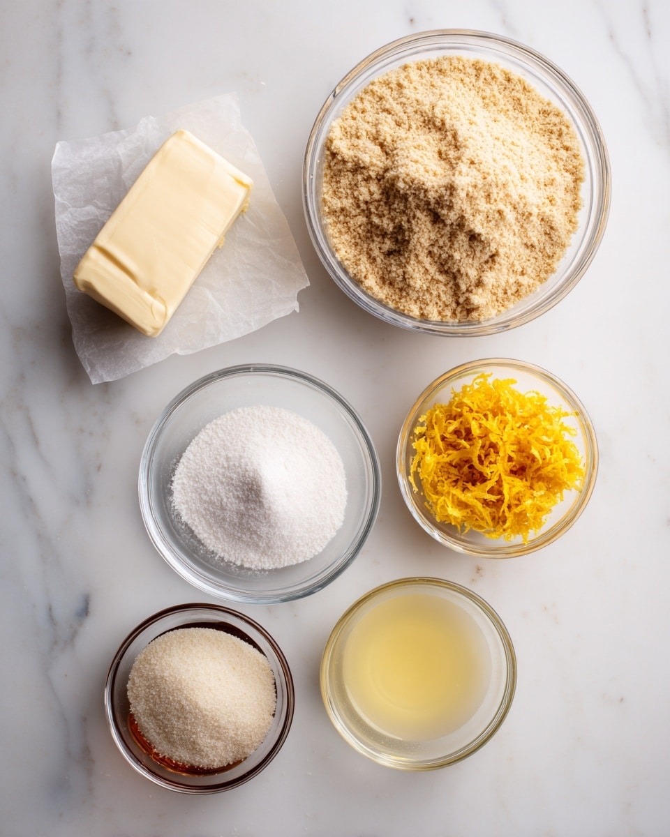 The image shows six ingredients placed on a white marbled surface from top to bottom and left to right: a clear glass bowl filled with light brown almond flour at the top center, a white stick of butter mostly unwrapped and resting on parchment paper at the left center, a smaller clear glass bowl with white powdered sugar below the almond flour, a small clear bowl with a light amber liquid vanilla extract at the right center, a small clear bowl with bright yellow lemon zest below the butter, and a small clear bowl with pale yellow lemon juice below the powdered sugar; all ingredients are neatly arranged and clearly visible. photo taken with an iphone --ar 4:5 --v 7