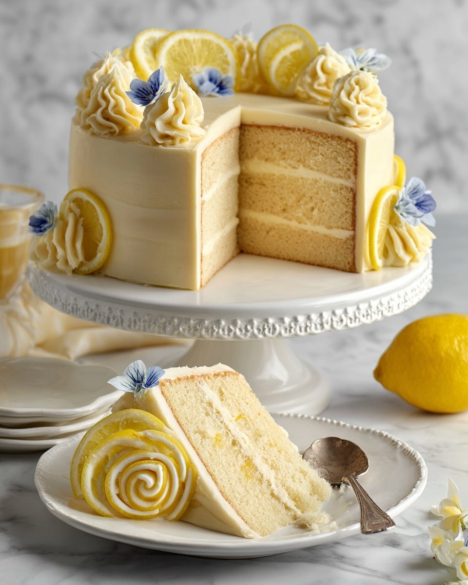 The image shows a three-layer light yellow cake with smooth white frosting between the layers and on the outside. The top is decorated with white swirls of cream and thin slices of dried lemon arranged around the edges, with one slice on each side of the cake. A slice of the cake is placed on a white plate next to the whole cake, revealing the even layers inside. The cakes sit on a white cake stand and plate, placed on a white marbled surface. Small lemon slices and green leaves are scattered around, and a whole lemon is visible in the background. A woman’s hand holds a fork near the cake slice. Photo taken with an iphone --ar 4:5 --v 7