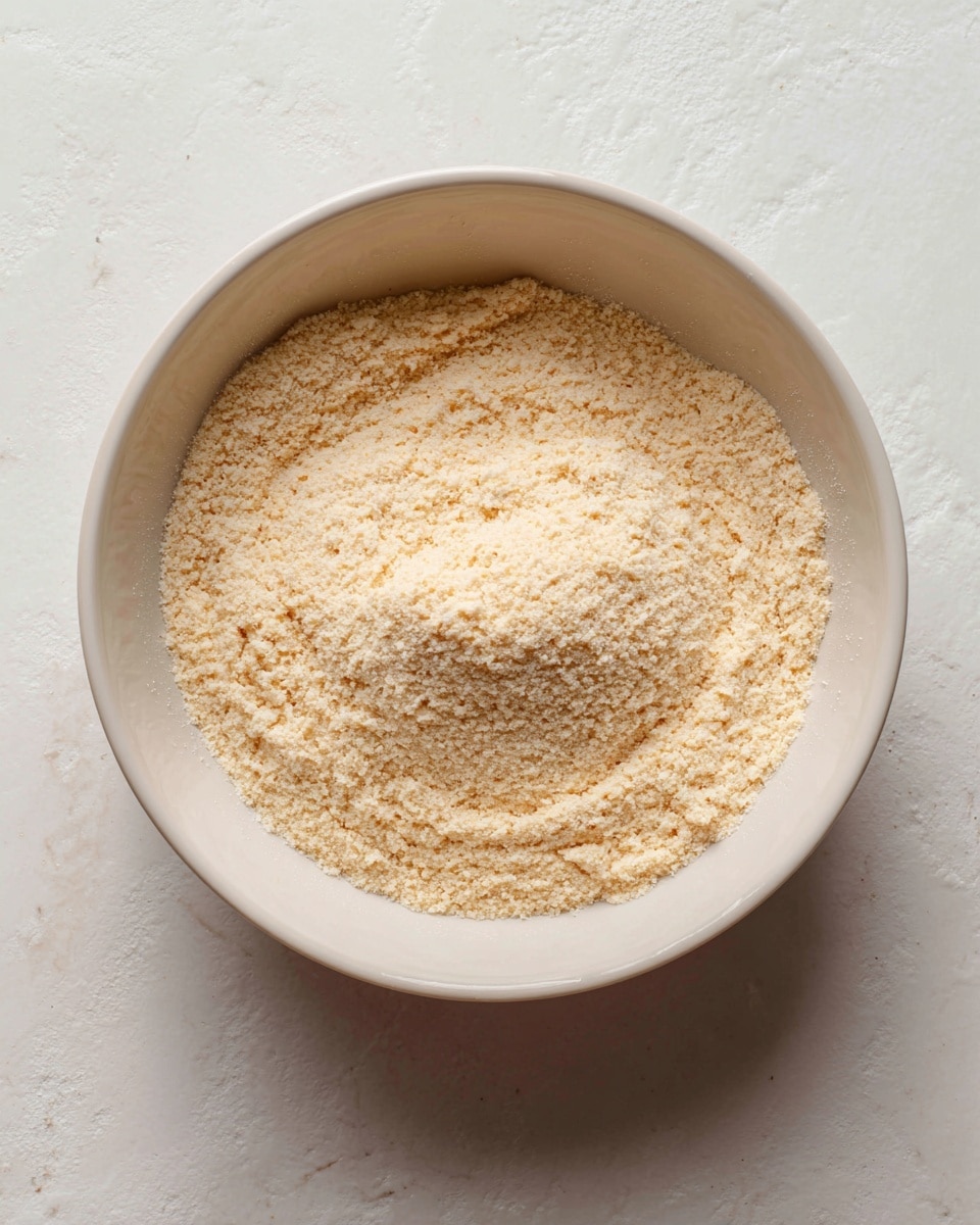 The image shows a white round bowl filled with a single layer of light brown, grainy textured dough or batter, evenly spread inside the bowl. The bowl is placed on a white marbled surface, and no other items or layers are visible in the image. The texture looks soft but slightly coarse, with some small lumps and uneven spots on the surface. photo taken with an iphone --ar 4:5 --v 7