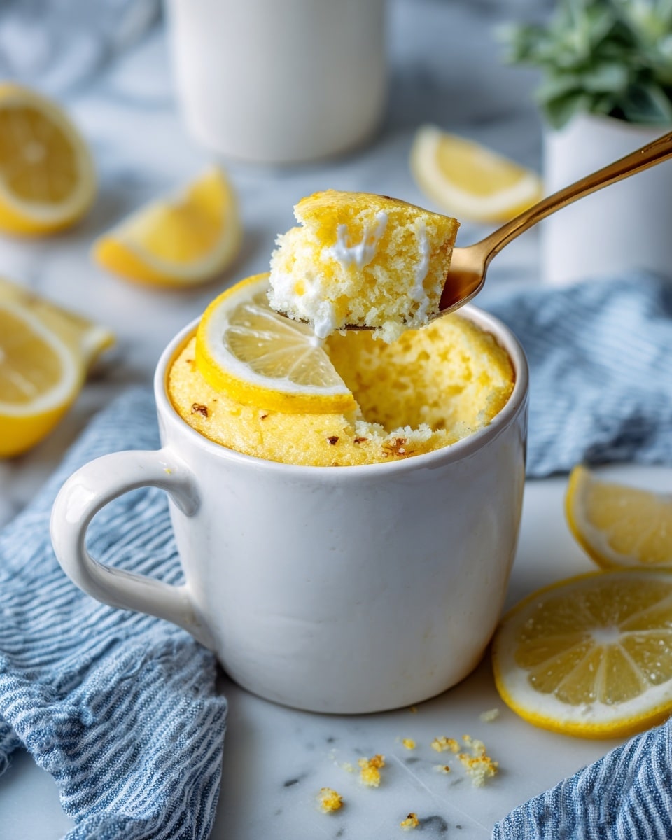 A white ceramic mug filled with a yellow, soft-textured lemon cake with small white spots, topped with three thin lemon slices in the middle. A gold spoon holding a scoop of the cake rests inside the mug on the right side. The mug is placed on a white marbled surface with lemon slices scattered around. A striped blue and white cloth is partially visible on the bottom left. A small green plant is blurred in the background photo taken with an iphone --ar 4:5 --v 7