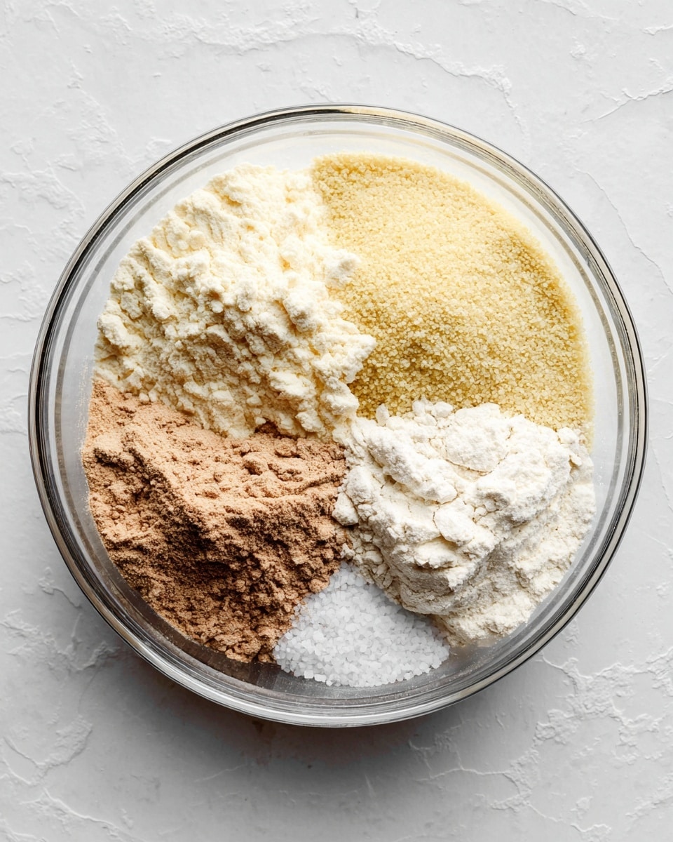 A clear glass bowl sits on a white marbled surface, filled with four separate dry ingredients in layers and sections: a pale yellow grainy layer occupies the top right, a light brown powder layer is next to it on the left, a white flour-like powder sits in the bottom right, and a small patch of fine white granules is near the center. The textures vary from grainy to powdery, and the bowl's transparency shows the white marbled surface beneath it. Photo taken with an iphone --ar 4:5 --v 7