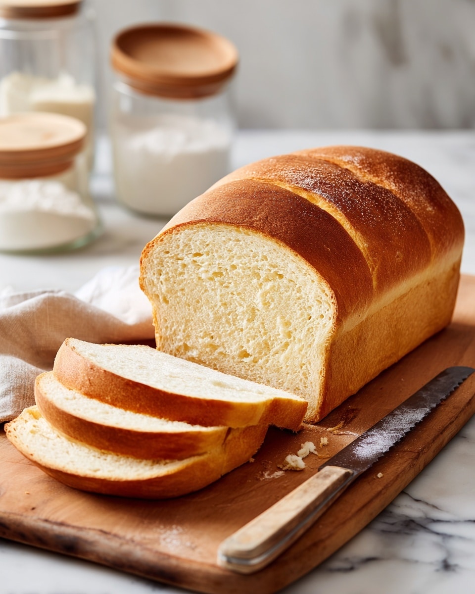A loaf of bread with a golden brown crust sits on a wooden cutting board over a white marbled surface. The bread is partly sliced with three thick, soft, light tan slices laying in front of the loaf, showing its airy, fine texture. Behind the cutting board, a knife with a wood handle rests on the white marbled surface, and two containers, one clear and one wood, are blurred in the background. A white cloth partially frames the scene from the bottom left corner. Photo taken with an iphone --ar 4:5 --v 7