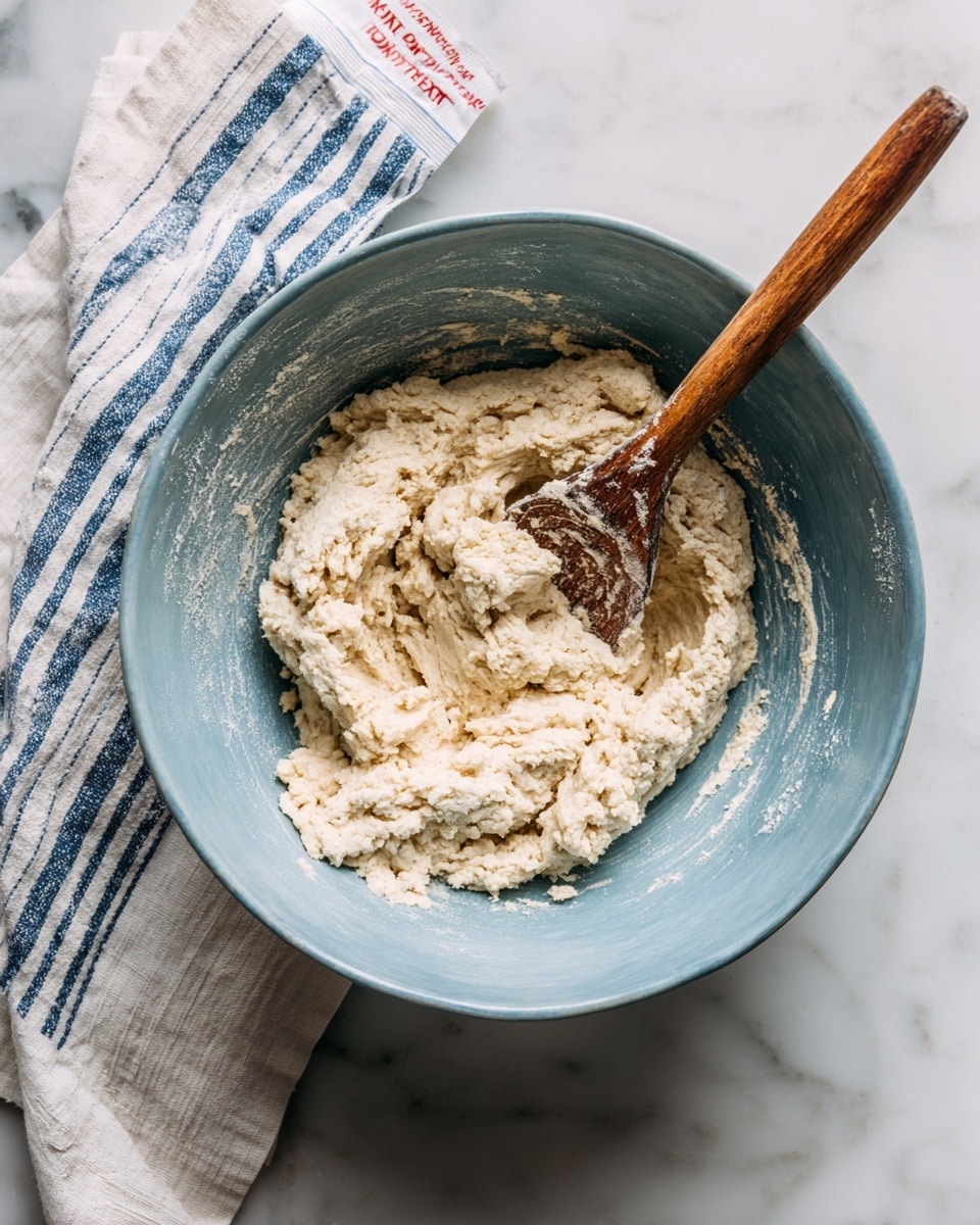 A close-up of a light blue bowl filled with pale beige, sticky dough being mixed with a wooden spoon. The dough looks soft and slightly rough in texture, sticking to the sides of the bowl. The bowl is placed on a white marbled surface next to a folded white cloth with blue stripes and a packet of red and white yeast mix. photo taken with an iphone --ar 4:5 --v 7