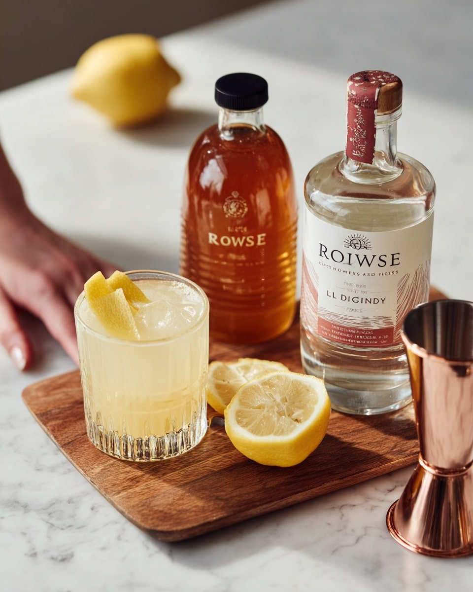 The image shows a white marbled surface with a wooden board in the center. On the board, there is a clear glass filled with a pale yellow drink with a lemon twist inside. Next to the glass is a plastic honey bottle with a black cap and a logo that reads