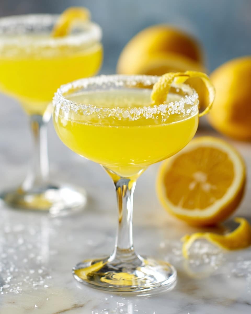 A clear glass with a short stem is filled with a bright yellow drink. Around the rim, there is a thick layer of coarse salt. On the edge of the glass, a thin lemon peel curl rests, adding a fresh touch. The background shows a white marbled surface with another similar glass slightly blurred behind, and pieces of lemon placed casually around, creating a fresh and light atmosphere. photo taken with an iphone --ar 4:5 --v 7