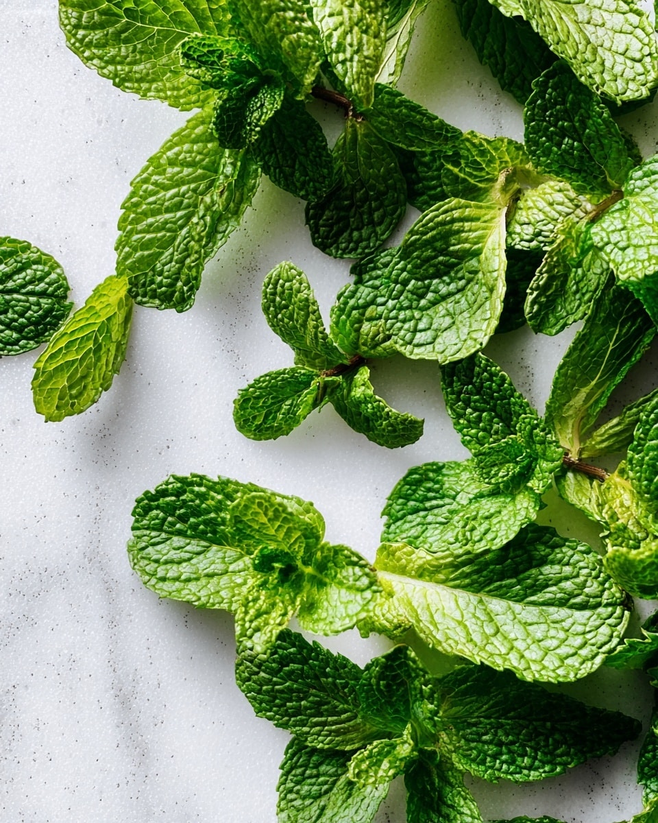 A close-up image of fresh mint leaves scattered loosely on a white marbled surface, showing a mix of small and medium-sized bright green leaves with textured veins and slightly curled edges, some leaves layered over others creating a natural, uneven spread. The overall look is fresh and crisp, with vibrant green shades standing out against the clean white marbled background. photo taken with an iphone --ar 4:5 --v 7