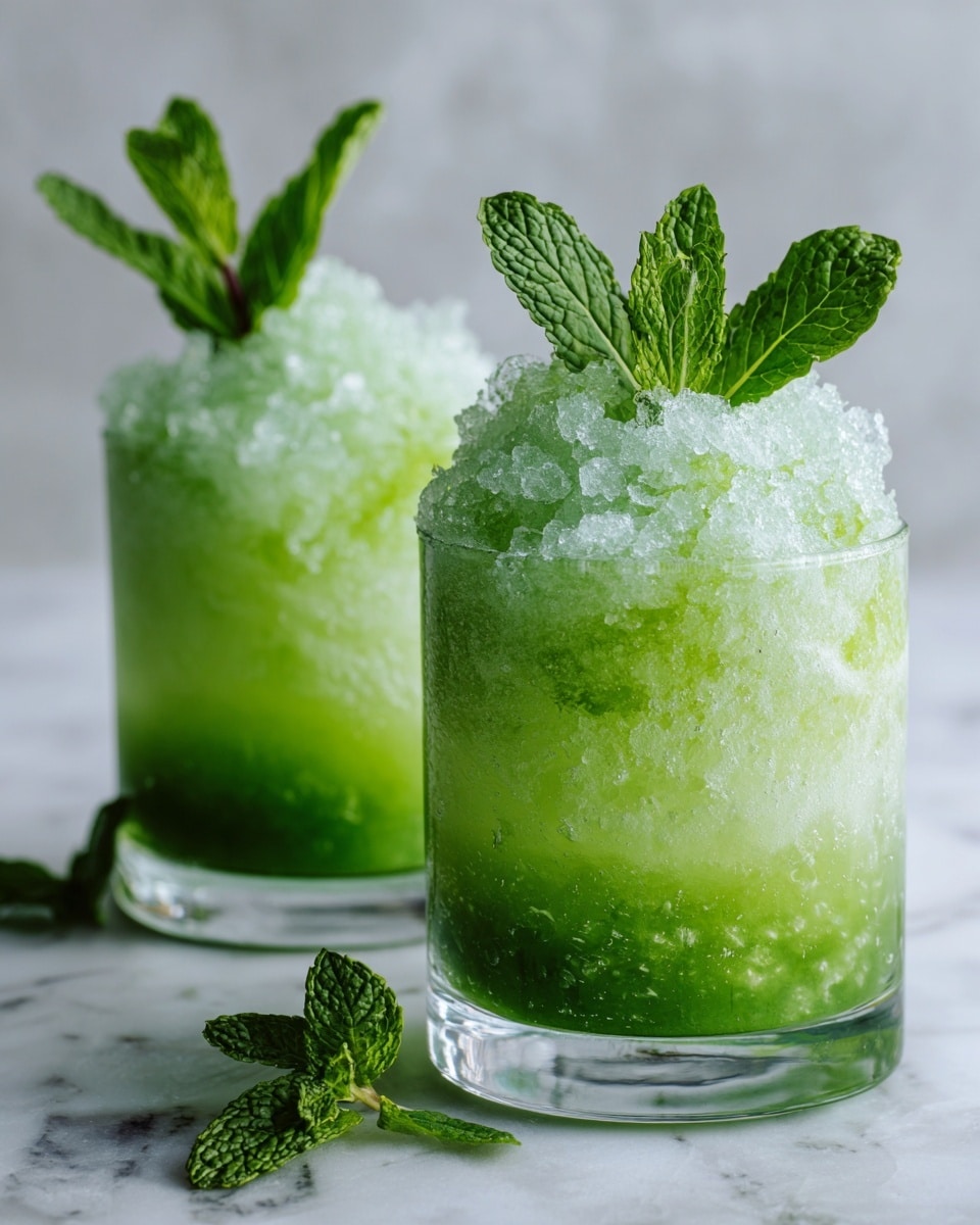Two tall clear glasses sit on a white marbled surface, each filled about two-thirds with a green slushy drink. On top of the green liquid, there is a mound of lighter green crushed ice, giving a rough, grainy texture with tiny green bits inside. A small sprig of fresh mint with bright green leaves sticks out from the top of the crushed ice in each glass. Scattered fresh mint leaves rest on the white marbled surface around the glasses. The photo taken with an iphone --ar 4:5 --v 7