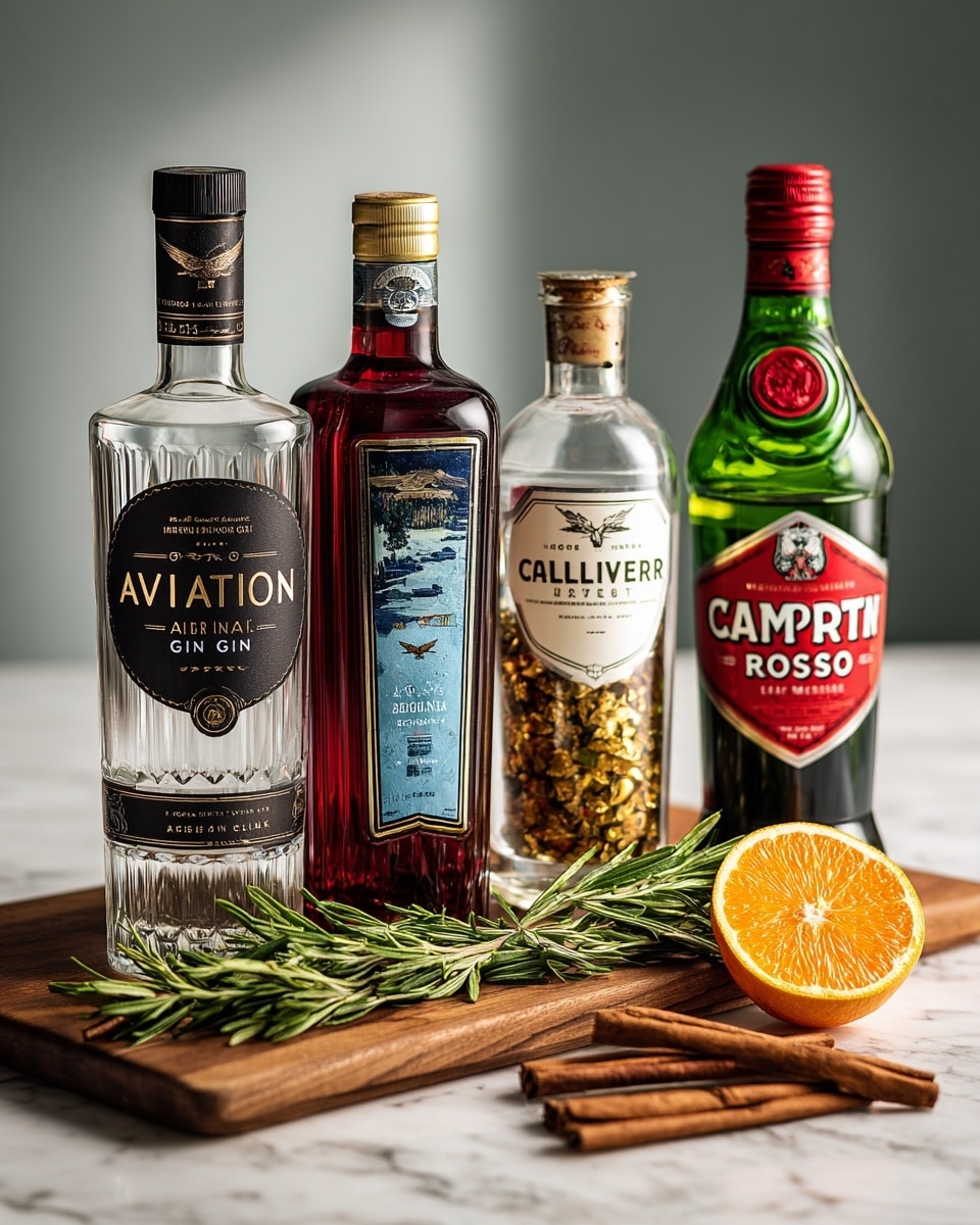 Four liquor bottles stand on a wooden board with the labels facing forward: a clear bottle with black and white