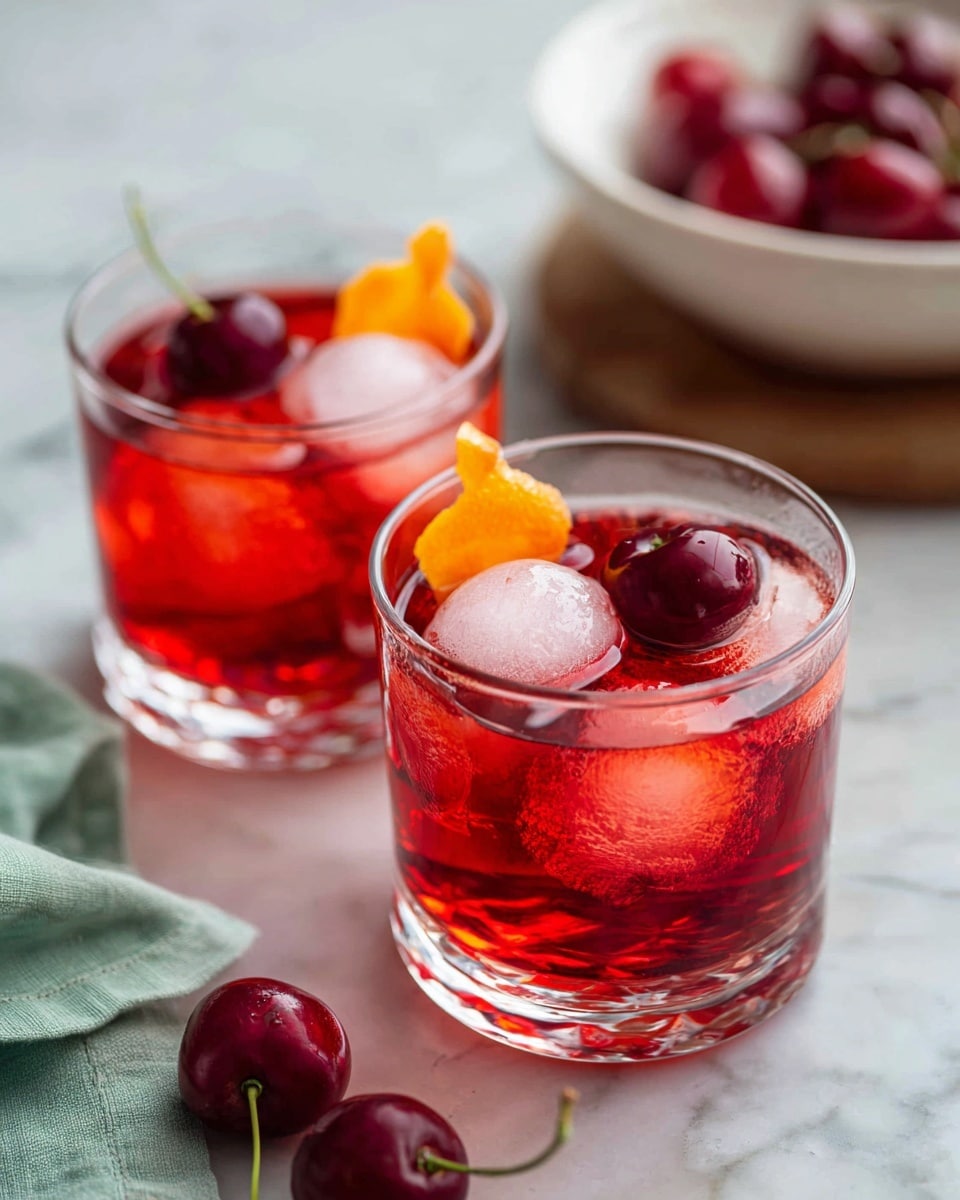 Two clear glasses filled with a red drink layered with several ice cubes sit on a white marbled surface. Each glass is topped with a twist of bright orange peel and a couple of dark red cherries floating on top. In the background, there is a clear container with more orange peels and a white bowl filled with fresh cherries, some spilling onto the surface. A light grey cloth is draped casually near the front glass. The scene is softly lit, emphasizing the vibrant colors and textures of the drink and garnishes photo taken with an iphone --ar 4:5 --v 7