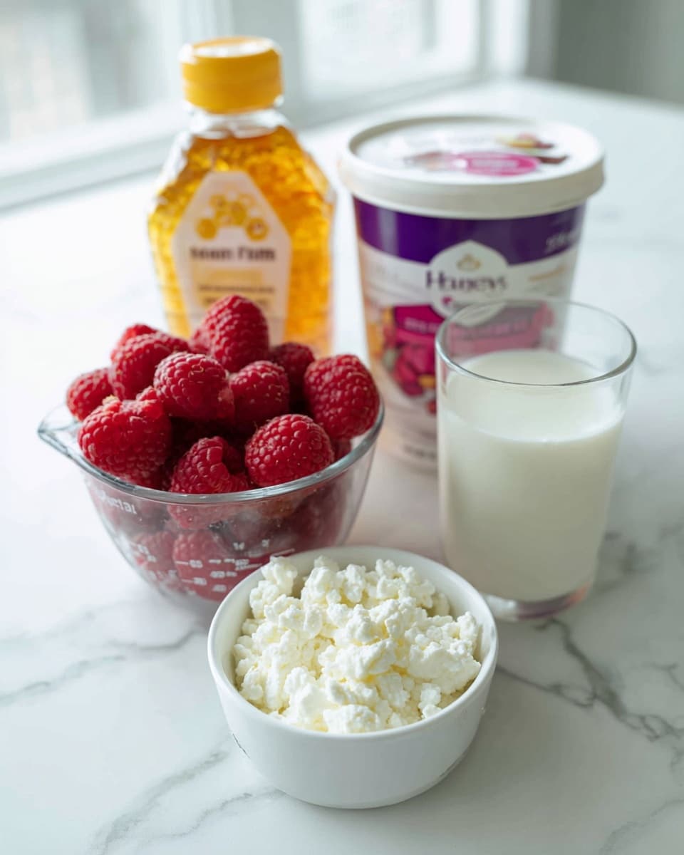 The image shows four containers placed on a white marbled surface. In the front center, there is a small white bowl filled with white, creamy cottage cheese. Behind it to the left, a clear measuring cup holds bright red raspberries, with their textured, bumpy surface clearly visible. To the far left, a honey bottle with a yellow lid and a honeycomb design on the label stands upright. Behind the raspberries, there is a white container of yogurt with a purple and pink label. On the right side of the image, a short clear glass is filled halfway with white milk. The objects are arranged close together with natural light softly illuminating them, making the colors and textures stand out. photo taken with an iphone --ar 4:5 --v 7