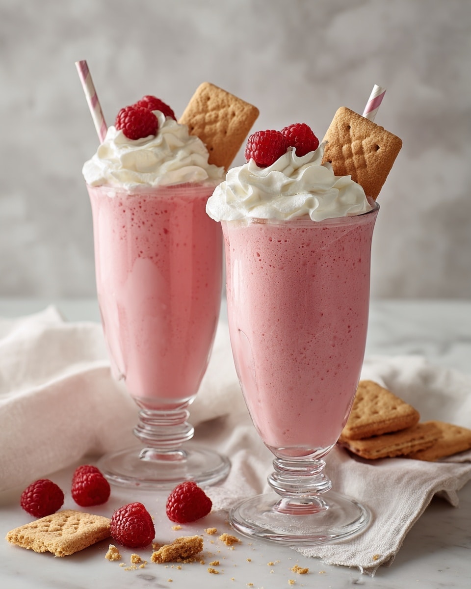 Two tall clear glasses are filled with a thick, light pink smoothie that has small darker pink specks inside. Each glass has a smooth, white cream layer on top. On the cream of each glass, there are two bright red raspberries and a light brown rectangular cracker standing up. A bent white and pink striped straw is placed in each glass on the right side. The glasses sit on a white cloth, resting on a white marbled surface, with extra raspberries and crackers scattered around. Photo taken with an iphone --ar 4:5 --v 7