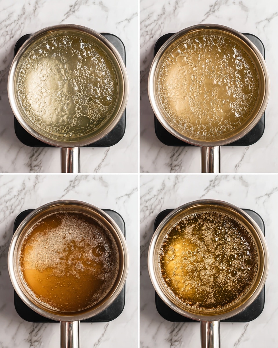 The image shows four close-up views of a silver metal pot on a black stovetop with a white marbled surface in the background. Each photo focuses on the inside of the pot with bubbling liquid at different stages of cooking. The first photo shows a clear, gently bubbling liquid. The second photo shows the liquid boiling more strongly with small bubbles across the surface. The third photo captures the liquid starting to turn light brown with bubbles rising quickly. The fourth photo shows the liquid boiling with a deep amber color and a rich, bubbly texture covering the surface. Photo taken with an iphone --ar 4:5 --v 7
