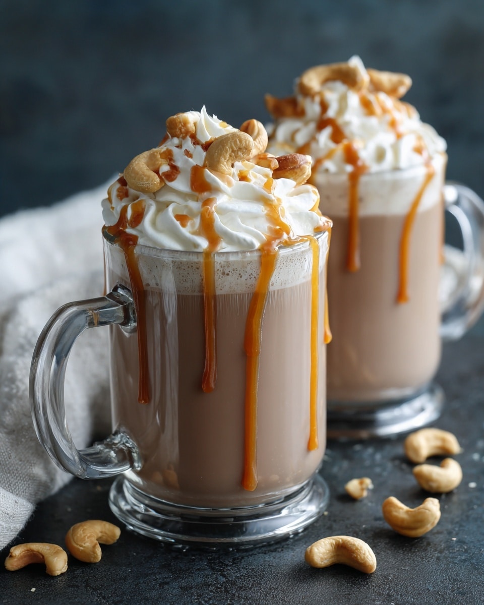 Two clear glass mugs are filled with a creamy light brown drink, topped with a thick swirl of white whipped cream. Over the whipped cream, there is a drizzle of shiny caramel sauce in a zigzag pattern. Whole curved cashew nuts are placed on top and around the whipped cream, adding texture and a golden tan color contrast. The mugs sit on a dark surface with scattered cashews in the background and a white cloth partially visible. The photo is taken from a slight overhead angle, showing the top and sides of the mugs clearly. Photo taken with an iphone --ar 4:5 --v 7