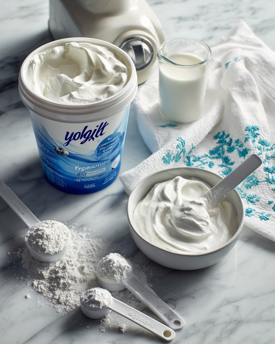 The image shows a white container of Yoplait Greek frozen yogurt with a blueberry flavor, partially open with creamy white yogurt visible inside. To the right, there is a white bowl with a spoon scooping some yogurt, showing its smooth texture and a touch of blueberry. In front of the yogurt container are four white measuring spoons with white powder spilled beside one of them. There is a small white measuring cup filled with milk behind the spoons. The background is a white marbled surface with a white cloth napkin adorned with teal and blue embroidery on the top left. The setting also includes a vintage white blender in the background, slightly out of focus. Photo taken with an iphone --ar 4:5 --v 7