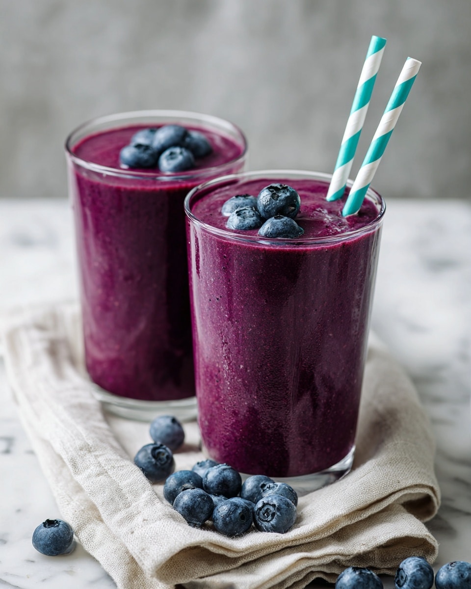 Two clear glass cups filled with thick, smooth purple smoothie are shown on a white marbled surface. Each cup has three fresh blue blueberries placed on top, and the cup in front has a blue and white striped straw angled slightly to the left. Both cups sit on a light beige cloth napkin, and a few loose blueberries are scattered on the white marbled surface nearby. The overall look is fresh and simple, with soft natural light. photo taken with an iphone --ar 4:5 --v 7