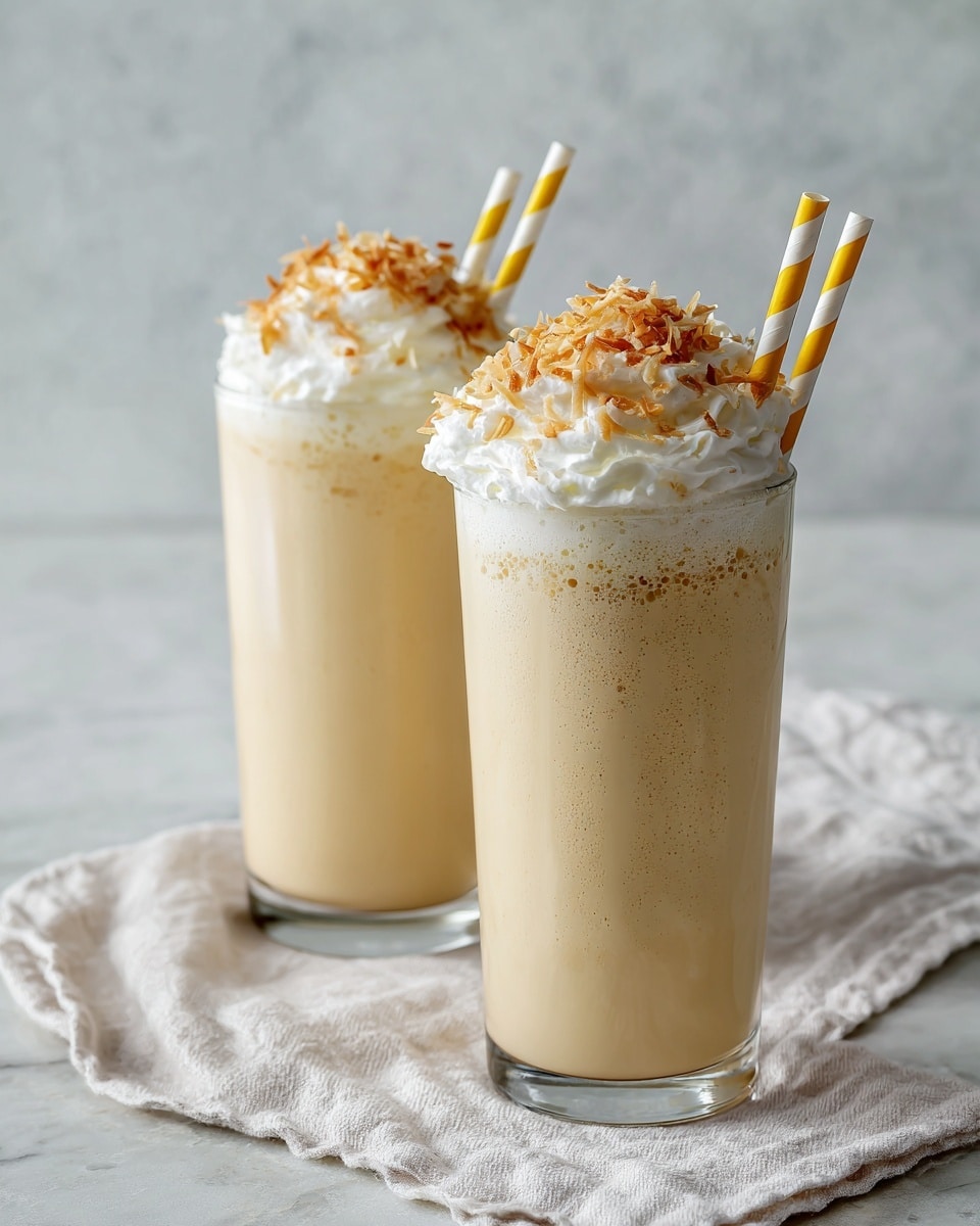Two tall clear glasses each have three layers: the bottom layer is a light brown creamy drink filling most of the glass with a slightly uneven texture, topped by a fluffy white layer of whipped cream, and finished with a small heap of thin, toasted golden-brown shreds on top. Each glass has a white and yellow striped straw placed inside, angled slightly to the side. The glasses are sitting on a soft white cloth, with a plain light background and a white marbled surface below. photo taken with an iphone --ar 4:5 --v 7