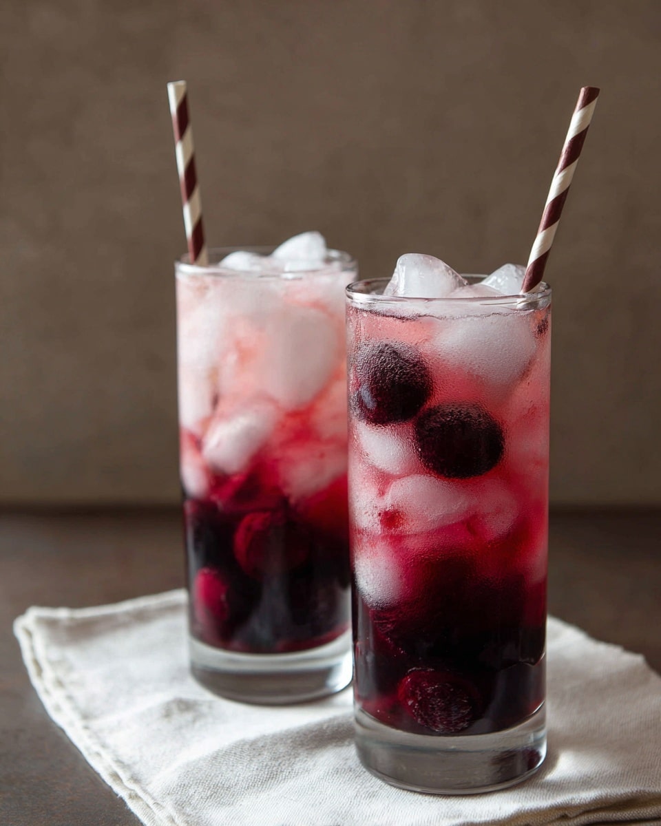 Two tall clear glasses filled with a layered pink-red drink sit on a white cloth on a white marbled surface. Each glass has ice cubes filling the top half, with dark red berries clustered near the middle and bottom layers of the drink. The bottom layer is a deeper red, blending softly into the lighter pink at the top beneath the ice. Each glass holds a red and white striped paper straw standing straight up. The background is blurred with soft brown tones. photo taken with an iphone --ar 4:5 --v 7