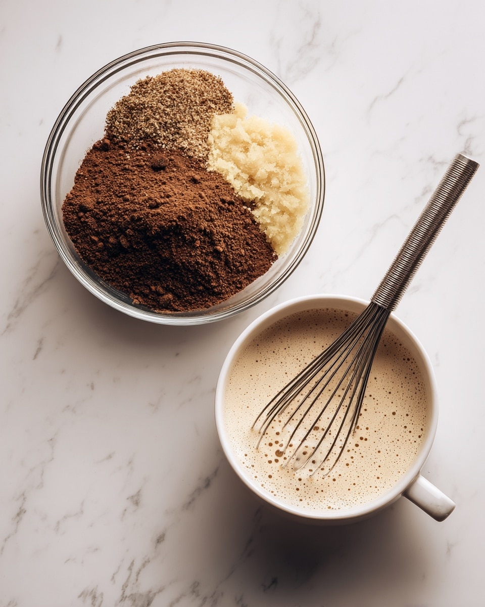 The first image shows a clear glass bowl on a white marbled surface, filled with several layers of dry ingredients: a dark brown layer of ground coffee forming the base, topped with lighter brown spices in small piles, and a pale yellow layer of finely minced fresh ginger spread on one side. The second image shows a white ceramic bowl with a metal whisk resting inside, containing a light beige frothy liquid with many small bubbles, all placed on a white marbled surface. Photo taken with an iphone --ar 4:5 --v 7