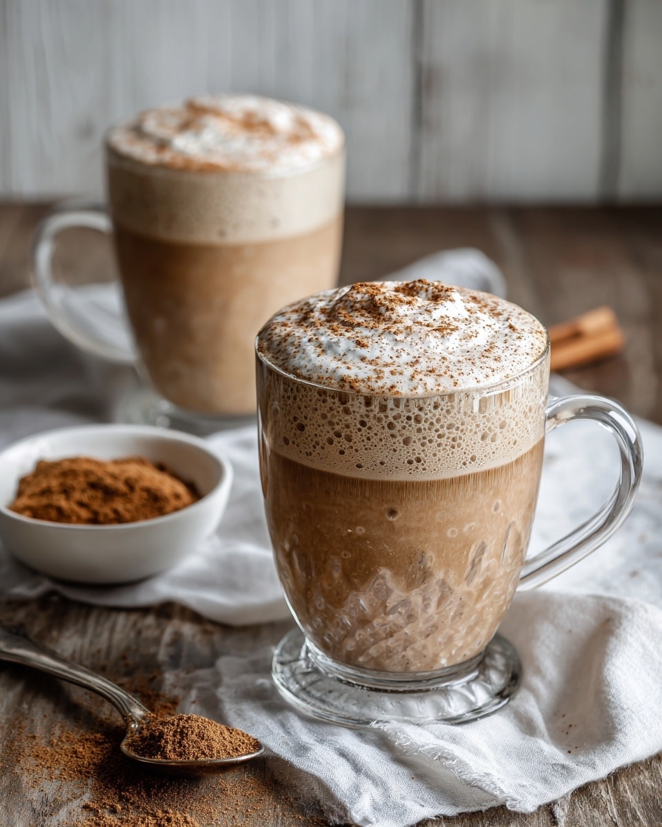 Two clear glass mugs are filled with light brown creamy liquid topped with a layer of foam sprinkled with fine reddish-brown powder. The mugs sit on a white cloth over a white marbled surface, and behind them is a small white bowl holding the same powder. In front of the closer mug lies an ornate silver spoon also holding some of the reddish-brown powder. The scene is warm and inviting, showing a simple but comforting drink. photo taken with an iphone --ar 4:5 --v 7