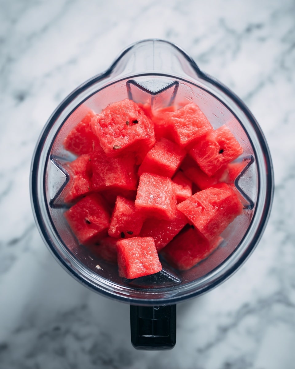 The image shows a top view of a blender jar filled with bright red, juicy watermelon cubes. The watermelon pieces are chunky with a smooth, moist texture and some small seeds visible. The jar is transparent with a black handle on the left side, sitting on a white marbled surface. The watermelon fills the jar close to the top, showing the fresh and vibrant red color clearly. photo taken with an iphone --ar 4:5 --v 7