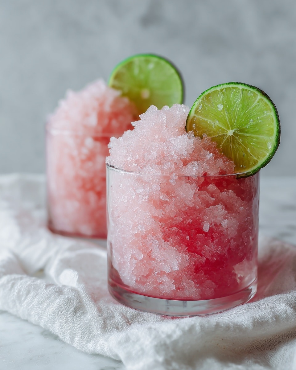 Two clear glass cups each contain a pink icy slush filling the glasses almost to the top. Each cup is topped with a bright green lime slice resting on the ice. The glasses sit on a white cloth, which is placed on a white marbled surface. The icy texture of the drink looks rough and cold, while the lime adds a fresh contrast in color. photo taken with an iphone --ar 4:5 --v 7