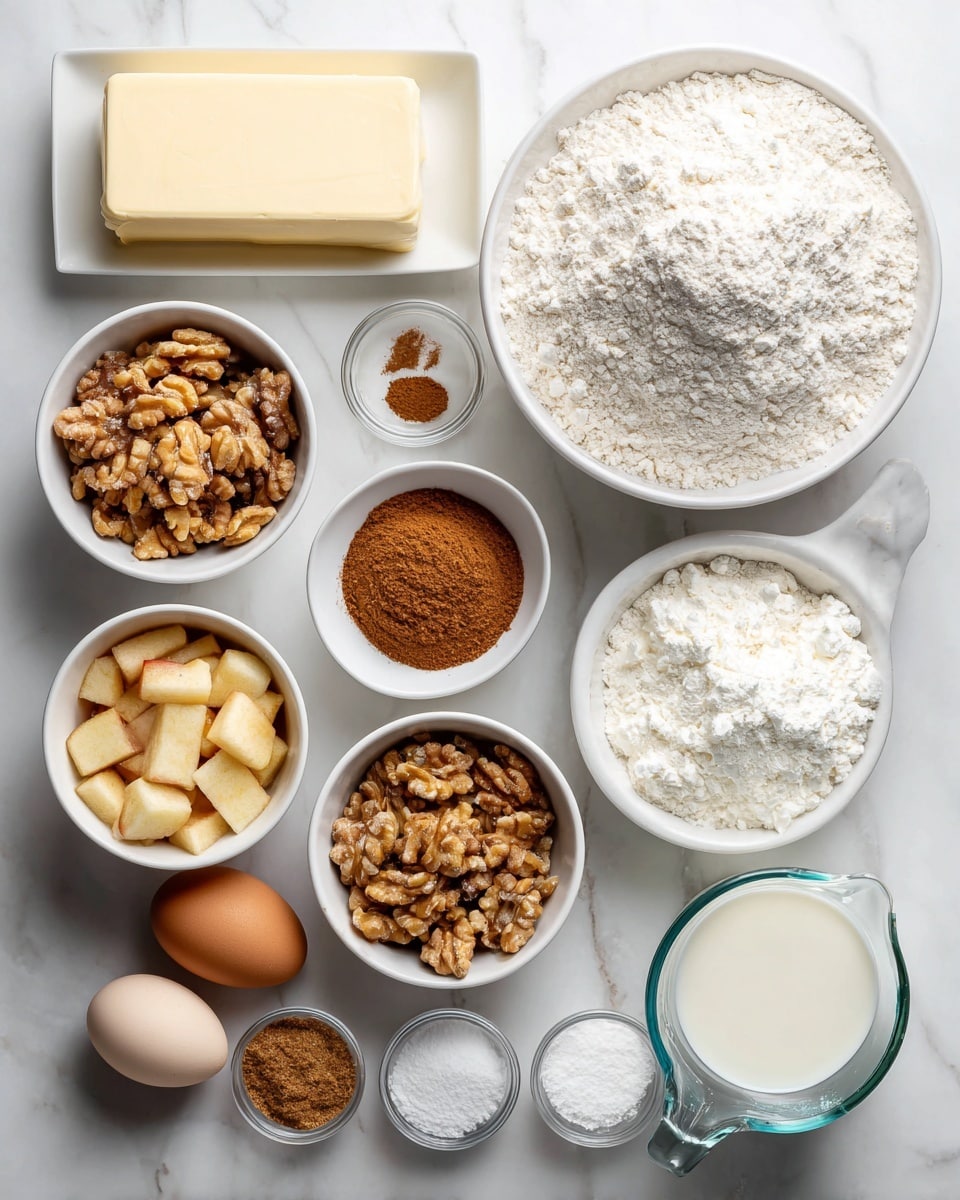 The image shows several bowls and containers with different baking ingredients arranged neatly on a white marbled surface. At the top center, there is a white rectangular block of butter. Below it, a large white bowl filled with white flour is on the right. To the left, a slightly smaller white bowl holds white sugar. Underneath are smaller bowls, one with chopped apples in the center, another with brown sugar to the left, and beside it some crushed walnuts. On the far right, a clear glass measuring cup contains milk. Below this, two white eggs rest on the surface. Small glass bowls hold cinnamon, baking powder, vanilla, and heavy cream near the bottom of the arrangement. A small pile of powdered sugar is also present on the left side. All items are neatly spaced out on the white marbled surface. photo taken with an iphone --ar 4:5 --v 7