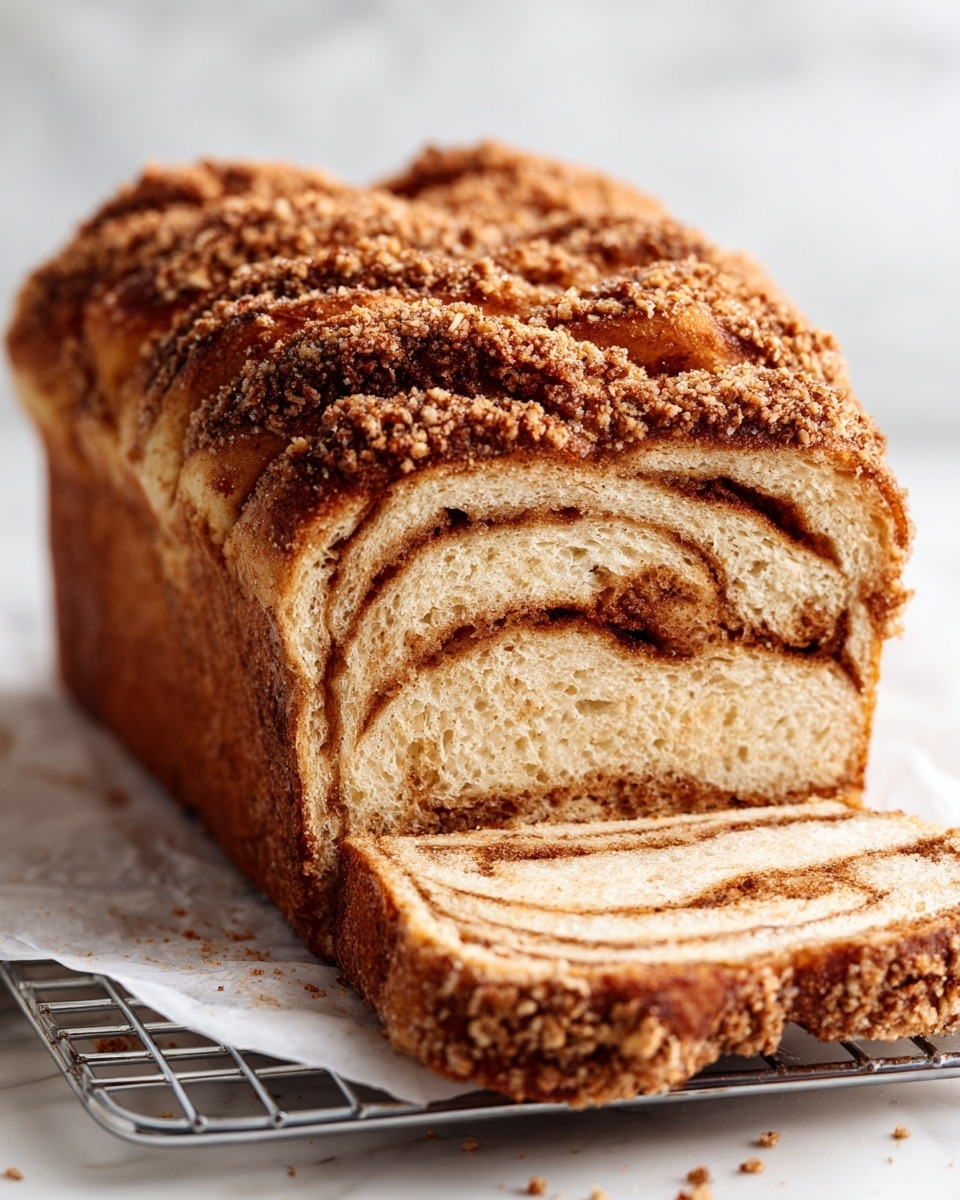 The image shows a loaf of twisted bread with a crumbly oat and cinnamon topping. The bread has about five thick, folded layers, each one light golden brown with cinnamon spread inside. The top is covered with a rough, crunchy oat mix that is a medium brown color. The loaf rests on white parchment paper placed on a metal baking rack, with a white marbled background. A piece is pulled away from the front, revealing the soft, fluffy inside with cinnamon dust. Photo taken with an iphone --ar 4:5 --v 7