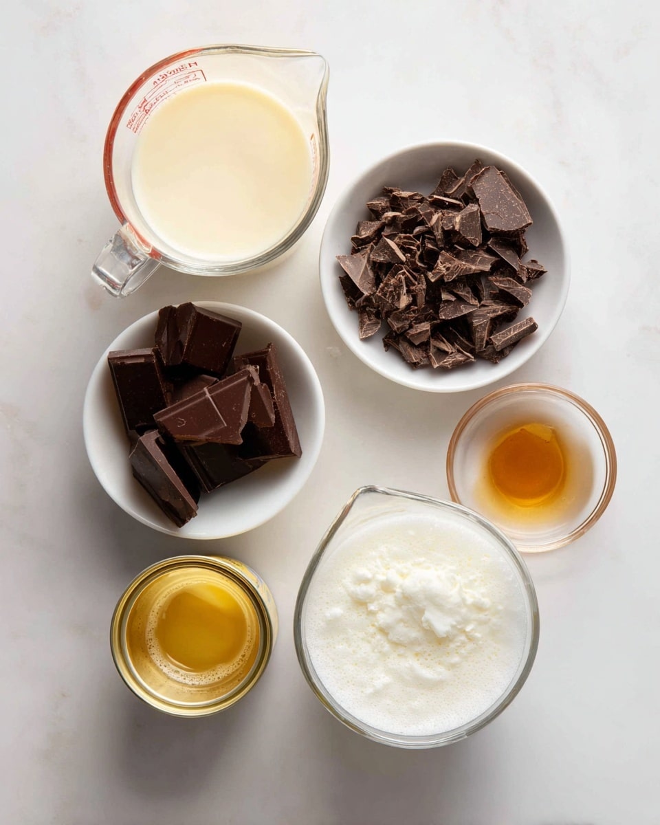 A white marbled background holds five containers arranged loosely in a circular pattern: at the top left, a clear glass measuring cup with cream-colored liquid; top center, a small white bowl filled with chopped milk chocolate pieces; top right, a white bowl containing broken dark chocolate chunks; middle center, a small clear glass dish with amber vanilla extract; bottom left, a can with light yellow condensed milk; and bottom right, a larger clear glass measuring cup filled with frothy white cream. The scene is bright and clean with a soft shadow under each container, photo taken with an iphone --ar 4:5 --v 7