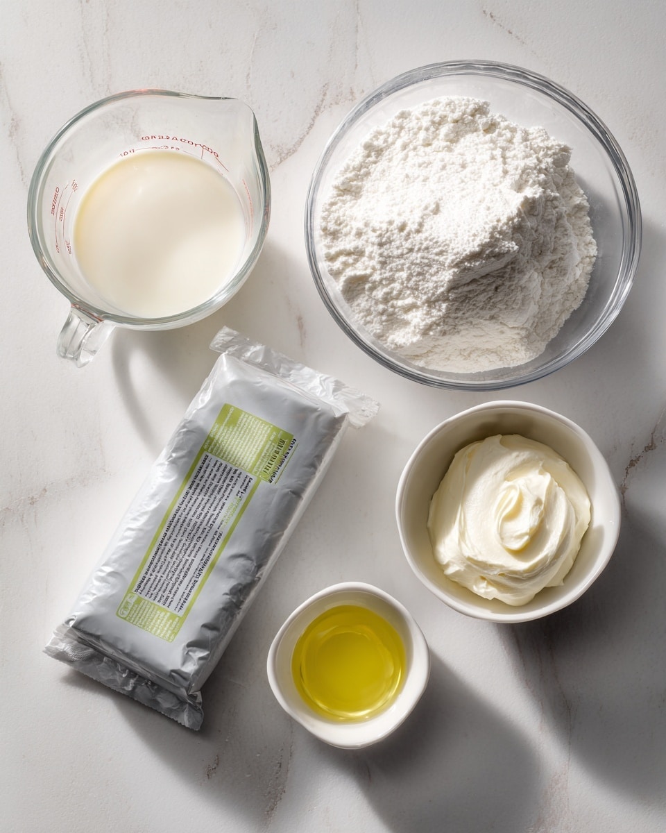 The image shows five different ingredients placed on a white marbled surface. At the top right, a clear glass bowl holds a heap of white powder, which looks soft and fine. To the left of it, a clear glass measuring cup is filled with a light cream liquid. Below the measuring cup is a rectangular package of Philadelphia cream cheese with a light grey-green wrapper. To the right of the package is a small white bowl holding a small amount of light yellow liquid. Below that bowl is another small white bowl containing a thick, white creamy substance. The items are neatly arranged in a loose circular pattern, each clearly visible, with soft, natural lighting that highlights their textures. photo taken with an iphone --ar 4:5 --v 7