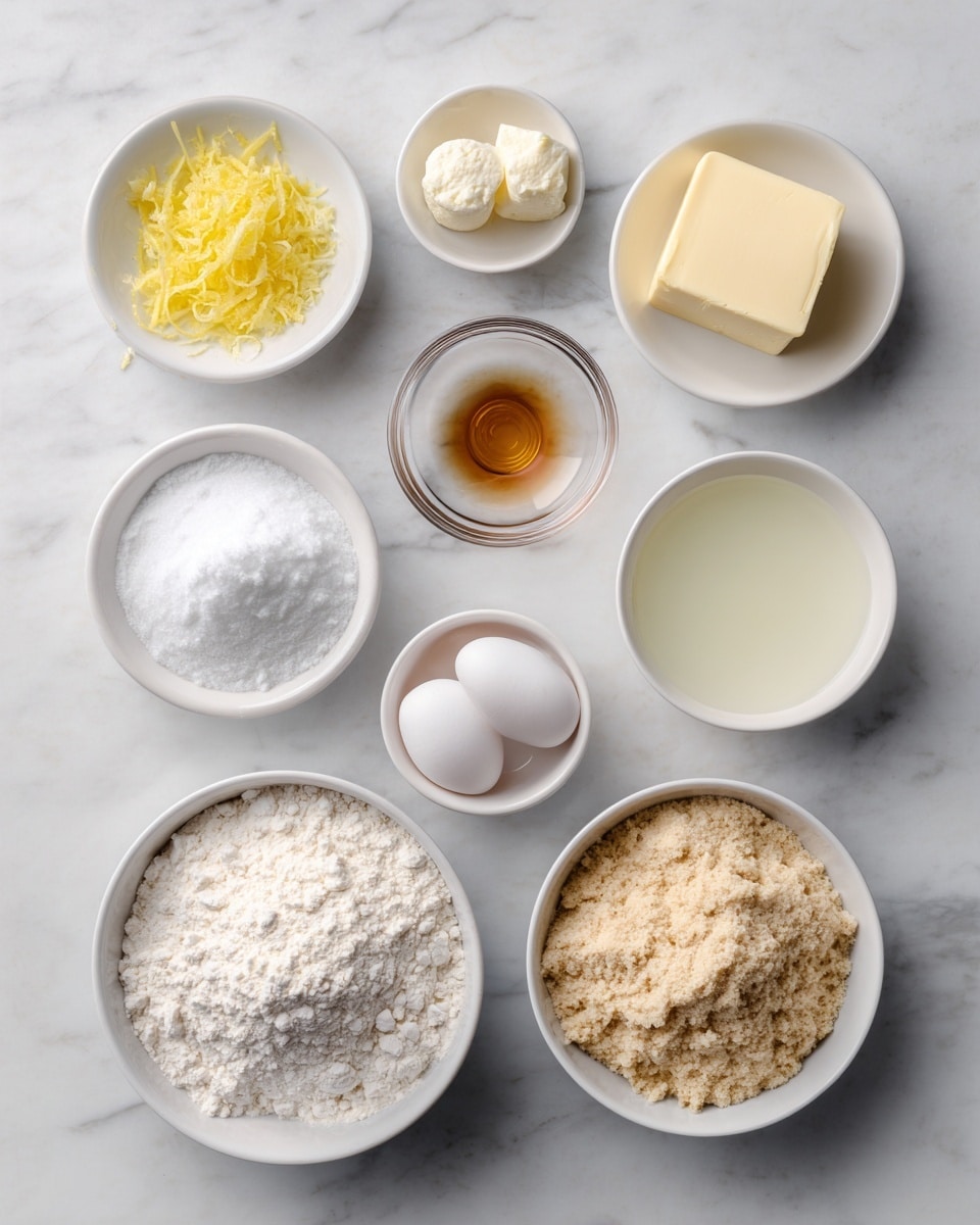 The image shows eight small white bowls arranged neatly on a white marbled surface, each containing different baking ingredients. In the top left, there is a small white bowl with yellow lemon zest and a small piece of white ginger. To its right, a white bowl holds a cubed piece of pale yellow butter. Below the lemon zest, a clear glass bowl contains a small amount of light brown liquid, possibly vanilla extract. Centered below it is a white bowl filled with white granulated sugar. Below the clear bowl is a larger clear bowl filled with white flour, and to the right of the bowl with sugar is a white bowl filled with light brown almond flour. In the bottom left corner, a small white bowl holds two white eggs, while the bottom right shows a white bowl with a slightly yellowish egg white liquid. The arrangement is simple and clean with a clear top-down view. photo taken with an iphone --ar 4:5 --v 7