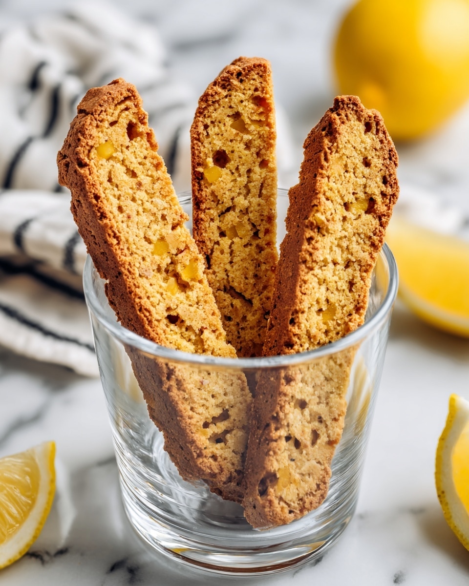 Three long, golden brown toasted biscotti with a crunchy texture stand upright inside a clear glass jar. The biscotti have a mix of light and darker toasted shades, showing their crispy edges and crumbly interior. The jar sits on a white marbled surface, with a striped cloth and a yellow lemon blurred in the background. Photo taken with an iphone --ar 4:5 --v 7