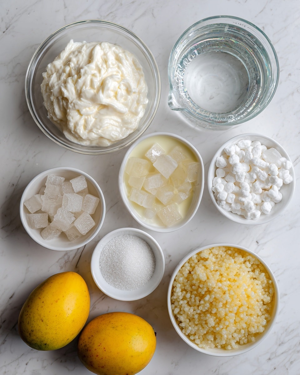 The image shows a top view of various ingredients arranged on a white marbled surface. There is a clear glass bowl filled with creamy all-purpose cream in the top left, and a clear glass measuring cup with water on the top right. Below these are four white bowls: one with pale yellow condensed milk, one filled with translucent white nata de coco cubes, one holding small uncooked tapioca pearls, and one with white sugar. There is also a white bowl with mango flavored jelly powder near the bottom right. Two ripe yellow mangoes are placed near the bottom left. All items are neatly spaced and clearly visible. Photo taken with an iphone --ar 4:5 --v 7
