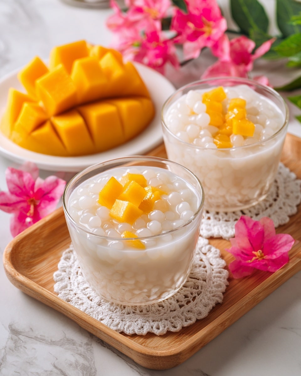 Two clear glass bowls hold a dessert made with three layers: creamy white coconut milk with small tapioca pearls, yellow mango jelly cubes, and bright yellow mango fruit cubes mixed together inside. The bowls sit on white lace doilies placed on a light wooden tray, accompanied by two silver spoons on the side. Behind the bowls, a mango half is sliced into large bright yellow cubes still attached to the skin, displayed on a white lace doily. Pink bougainvillea flowers and green tropical leaves add fresh color around the tray. The scene is set on a white marbled surface. photo taken with an iphone --ar 4:5 --v 7